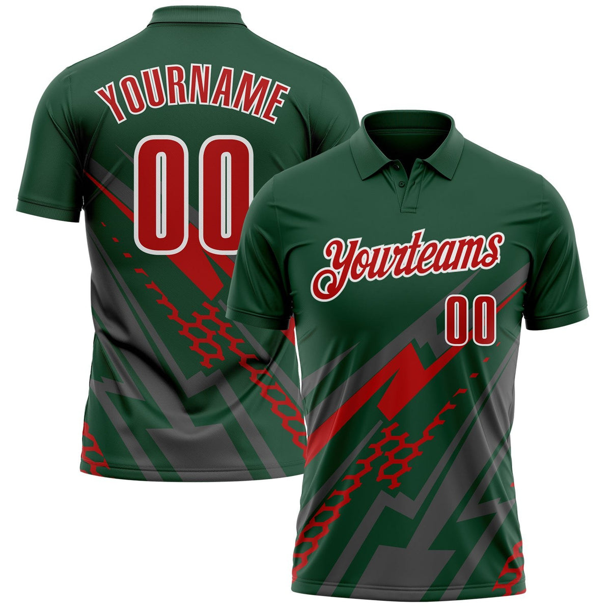 Custom Green Red Gray-White Lightning Geometric Performance Polo Shirt photo 1