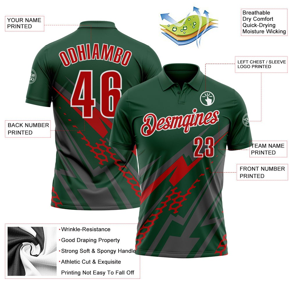 Custom Green Red Gray-White Lightning Geometric Performance Polo Shirt photo 3