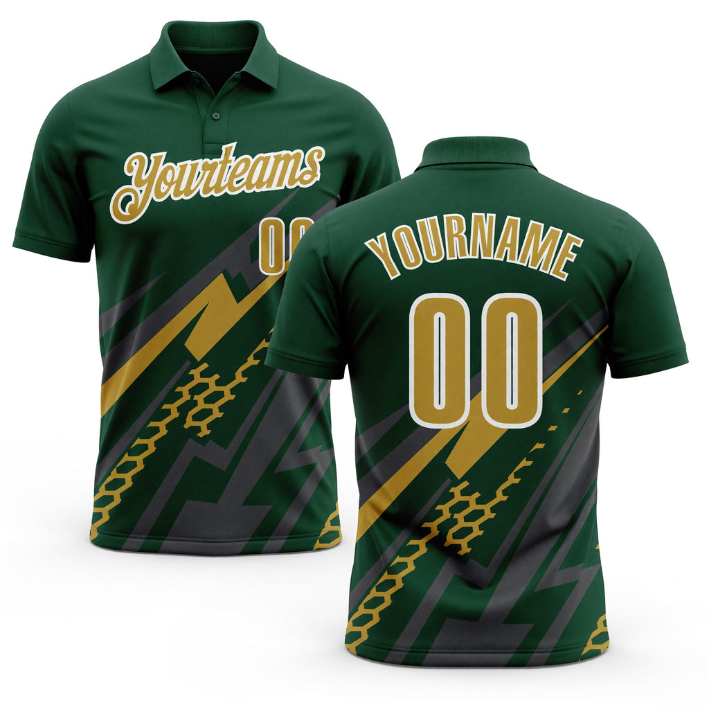 Custom Green Old Gold Gray-White Lightning Geometric Performance Polo Shirt