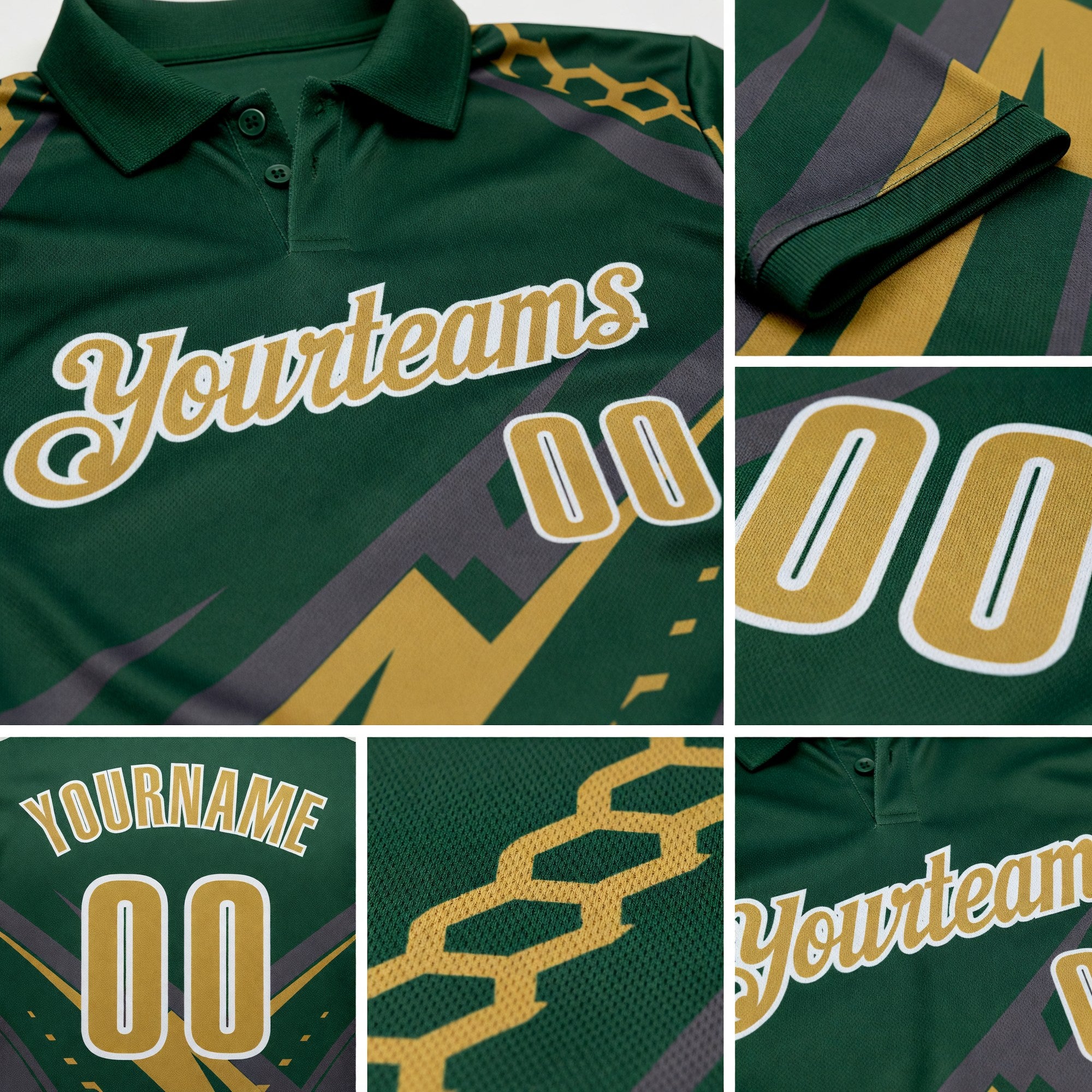 Custom Green Old Gold Gray-White Lightning Geometric Performance Polo Shirt detail