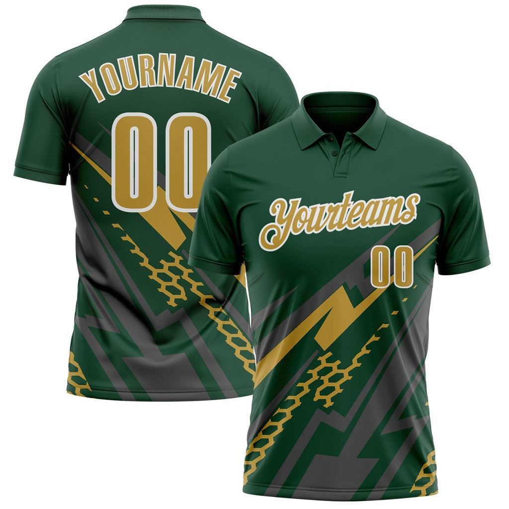 Custom Green Old Gold Gray-White Lightning Geometric Performance Polo Shirt photo 1