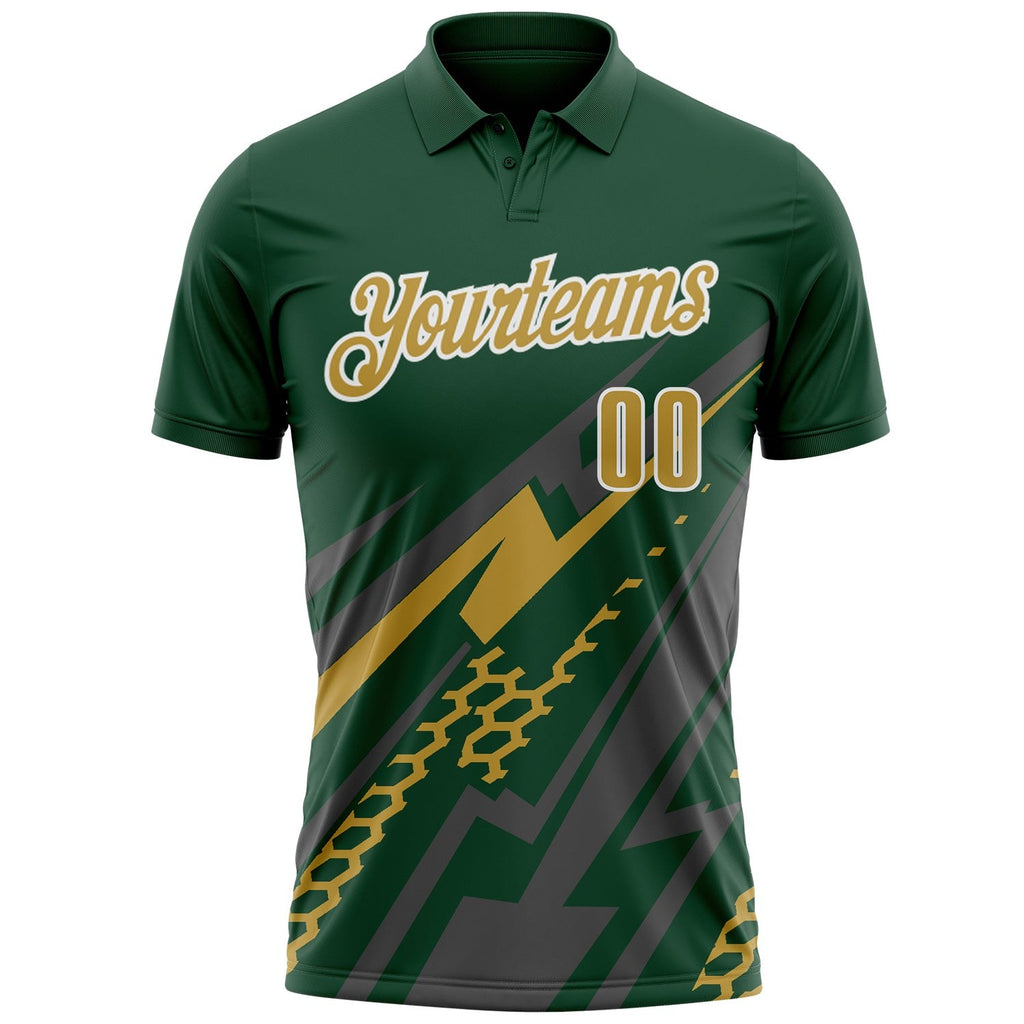 Custom Green Old Gold Gray-White Lightning Geometric Performance Polo Shirt photo 2