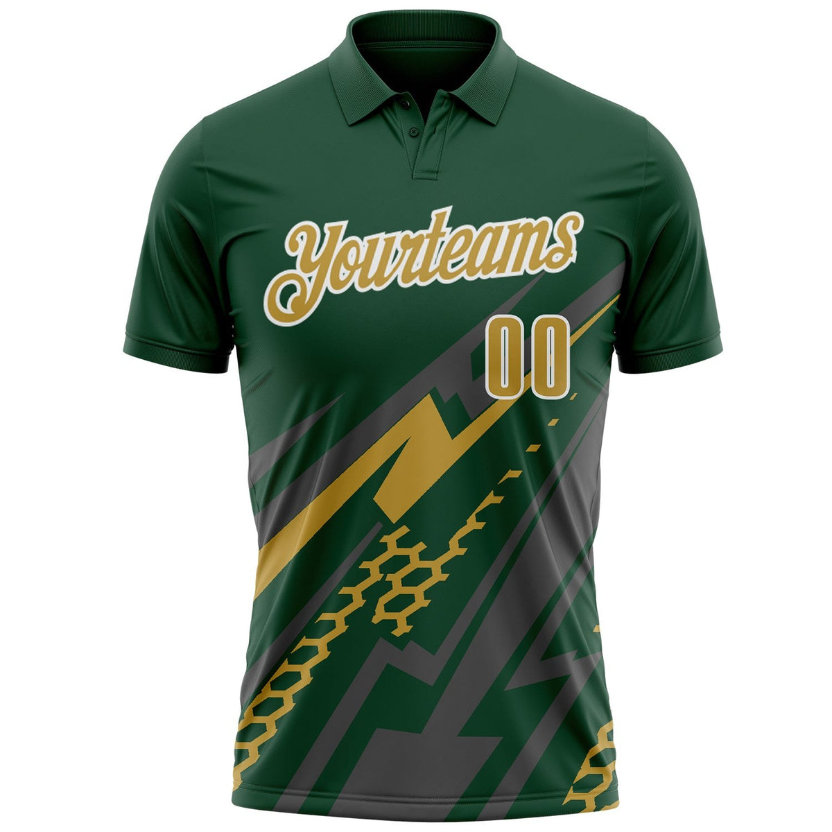 Custom Green Old Gold Gray-White Lightning Geometric Performance Polo Shirt photo 2