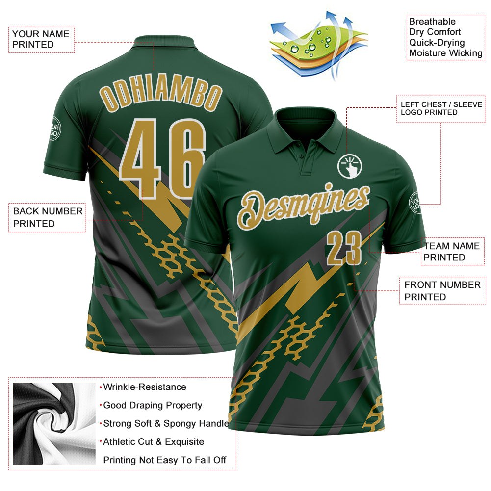 Custom Green Old Gold Gray-White Lightning Geometric Performance Polo Shirt photo 3