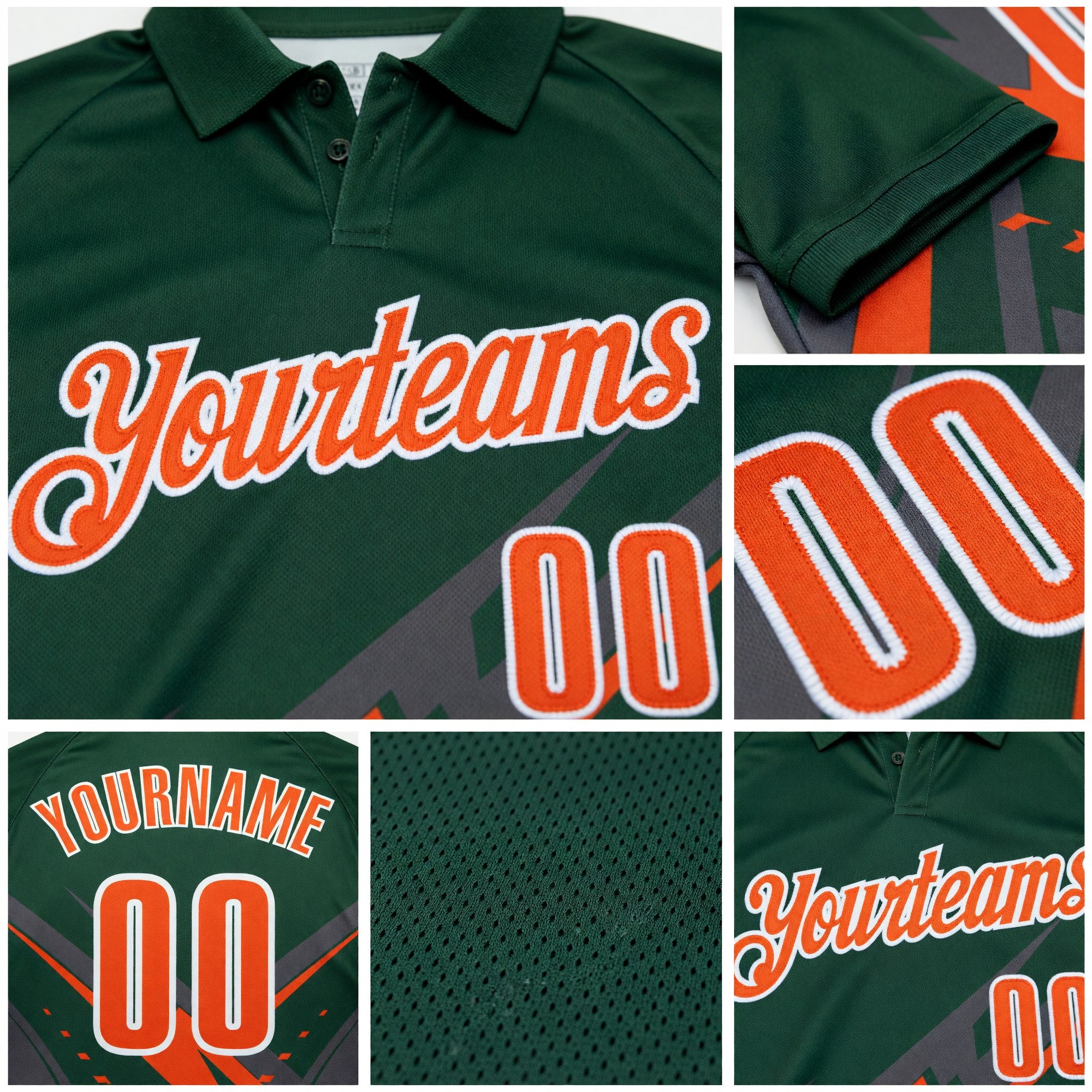 Custom Green Orange Gray-White Lightning Geometric Performance Polo Shirt detail