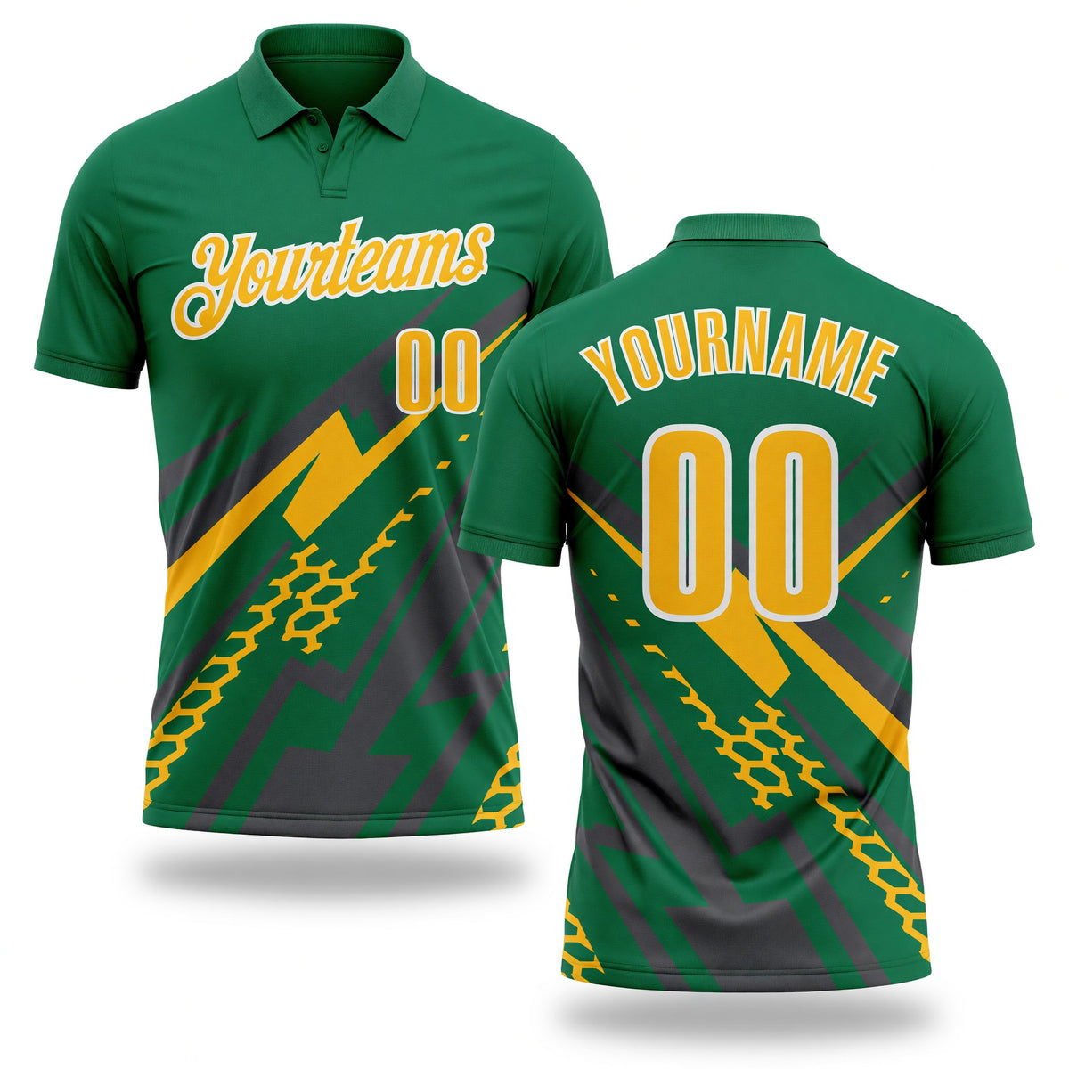 Custom Kelly Green Gold Gray-White Lightning Geometric Performance Polo Shirt