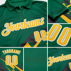 Custom Kelly Green Gold Gray-White Lightning Geometric Performance Polo Shirt detail