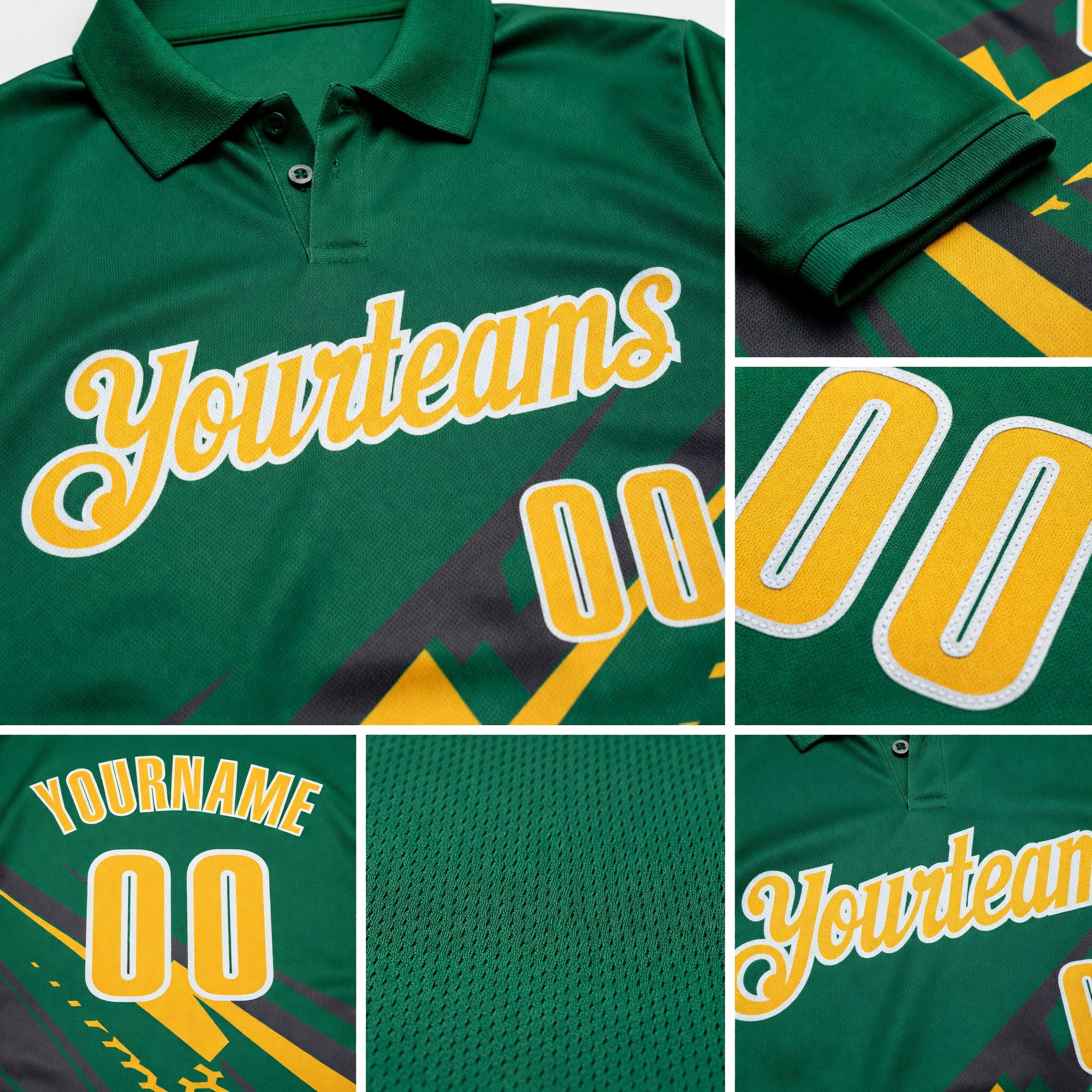 Custom Kelly Green Gold Gray-White Lightning Geometric Performance Polo Shirt detail