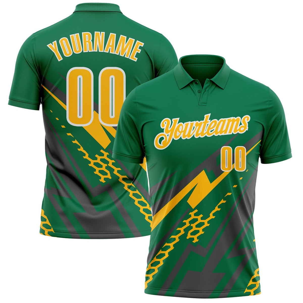 Custom Kelly Green Gold Gray-White Lightning Geometric Performance Polo Shirt photo 1