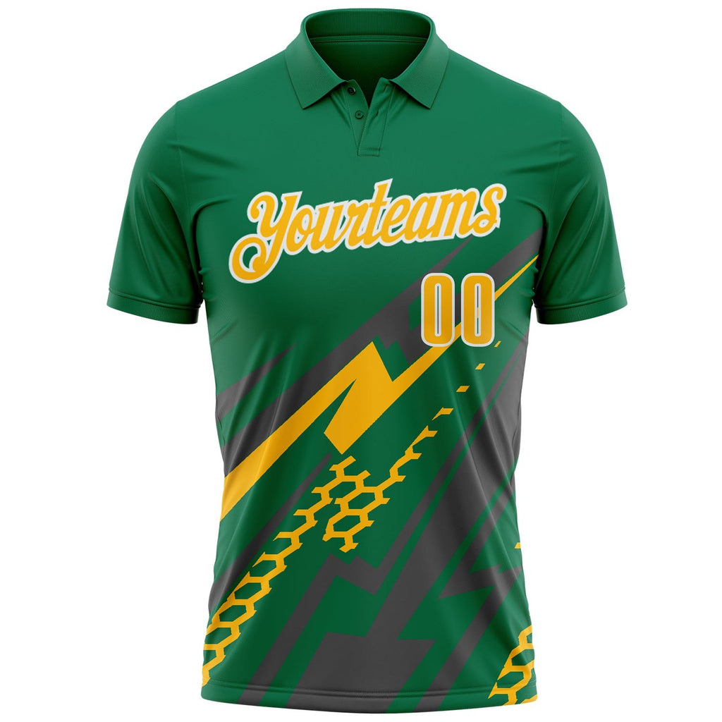 Custom Kelly Green Gold Gray-White Lightning Geometric Performance Polo Shirt photo 2