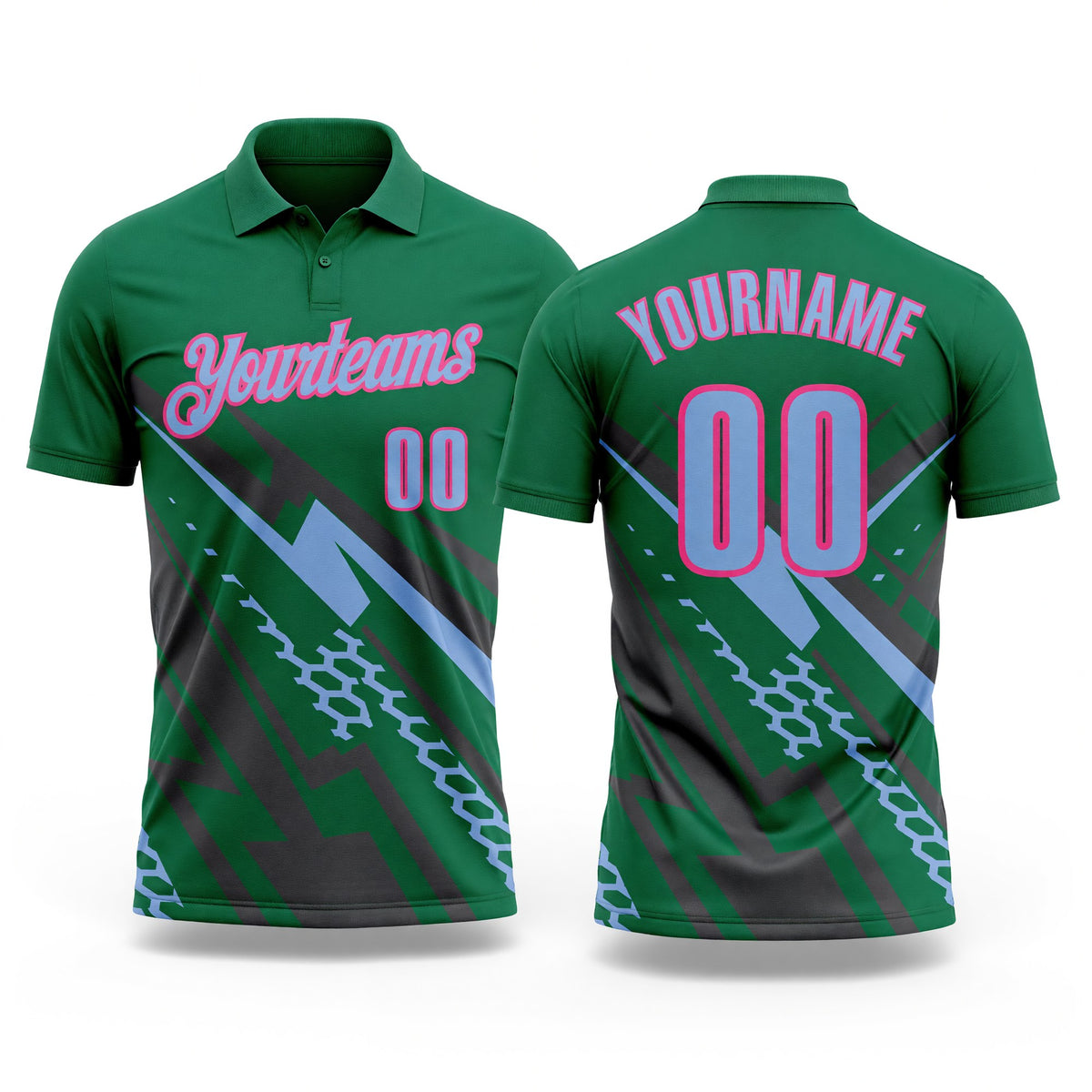 Custom Kelly Green Light Blue Gray-Pink Lightning Geometric Performance Polo Shirt