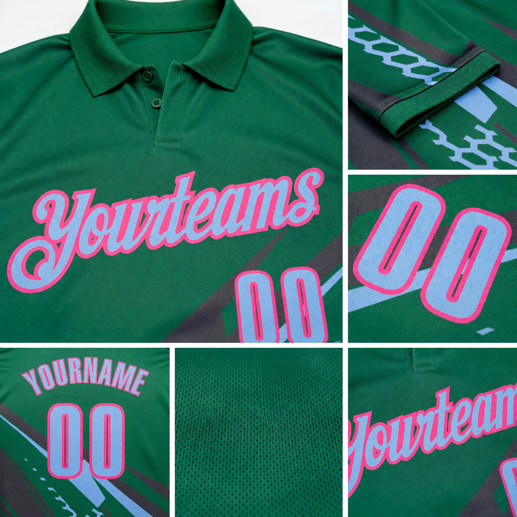 Custom Kelly Green Light Blue Gray-Pink Lightning Geometric Performance Polo Shirt detail