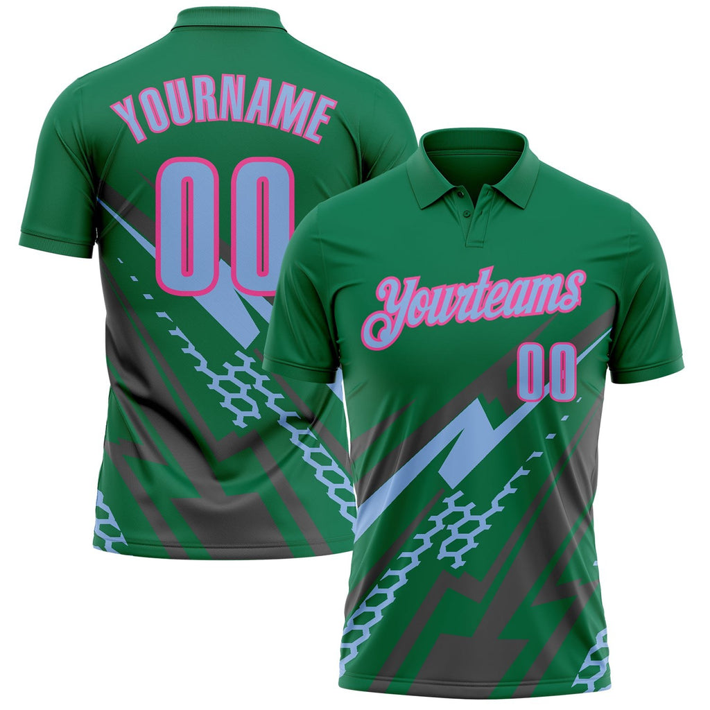 Custom Kelly Green Light Blue Gray-Pink Lightning Geometric Performance Polo Shirt photo 1