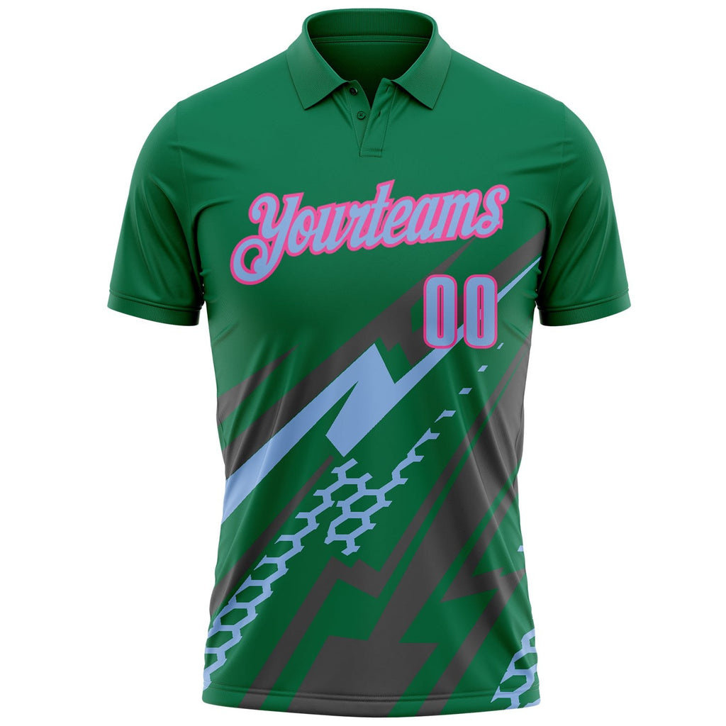 Custom Kelly Green Light Blue Gray-Pink Lightning Geometric Performance Polo Shirt photo 2