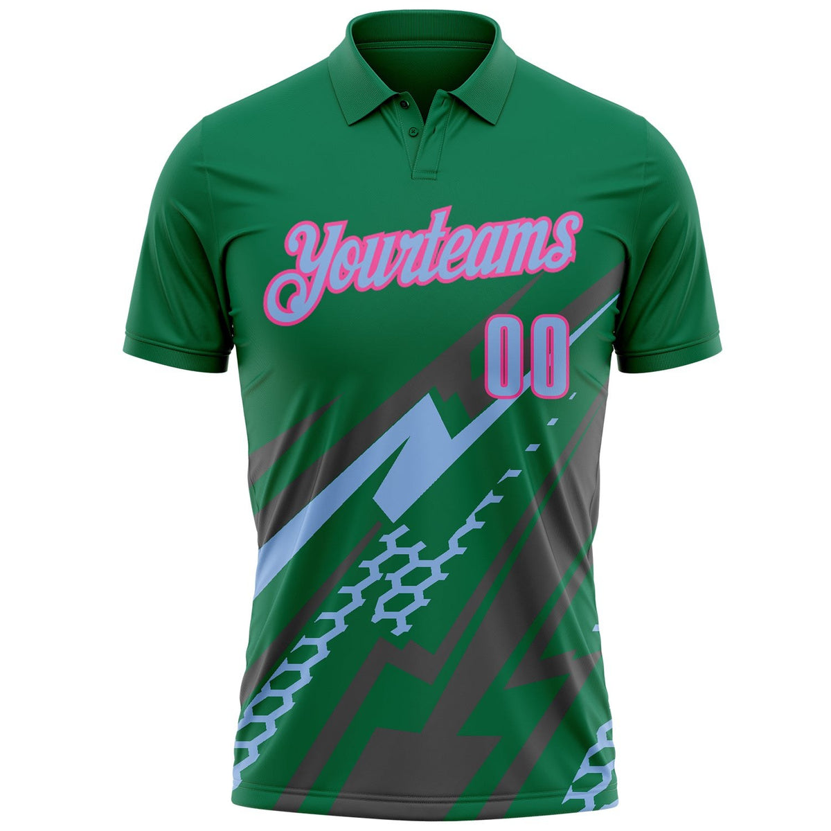 Custom Kelly Green Light Blue Gray-Pink Lightning Geometric Performance Polo Shirt photo 2