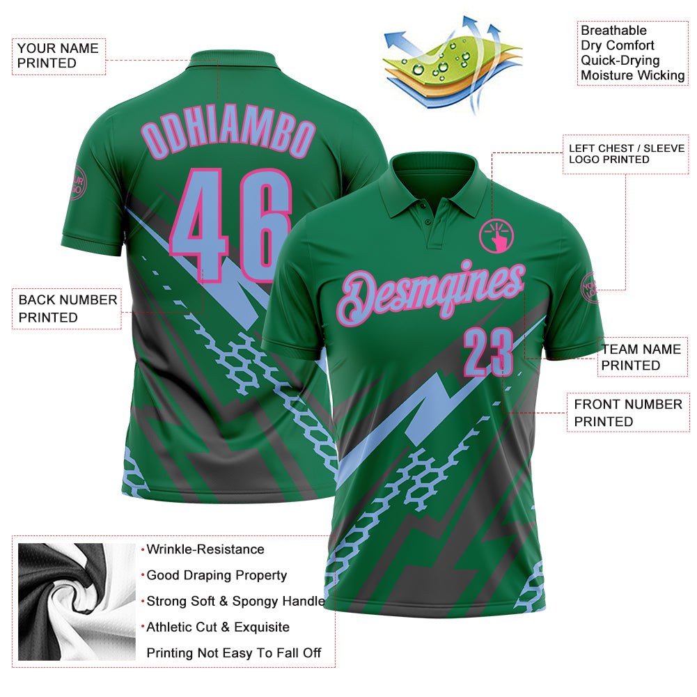 Custom Kelly Green Light Blue Gray-Pink Lightning Geometric Performance Polo Shirt photo 3