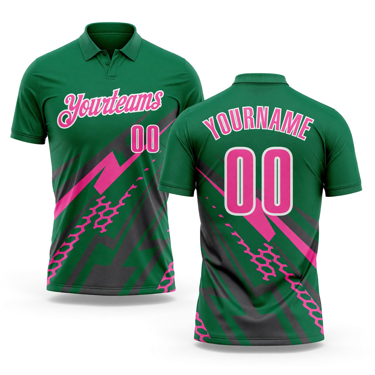 Custom Kelly Green Pink Gray-White Lightning Geometric Performance Polo Shirt