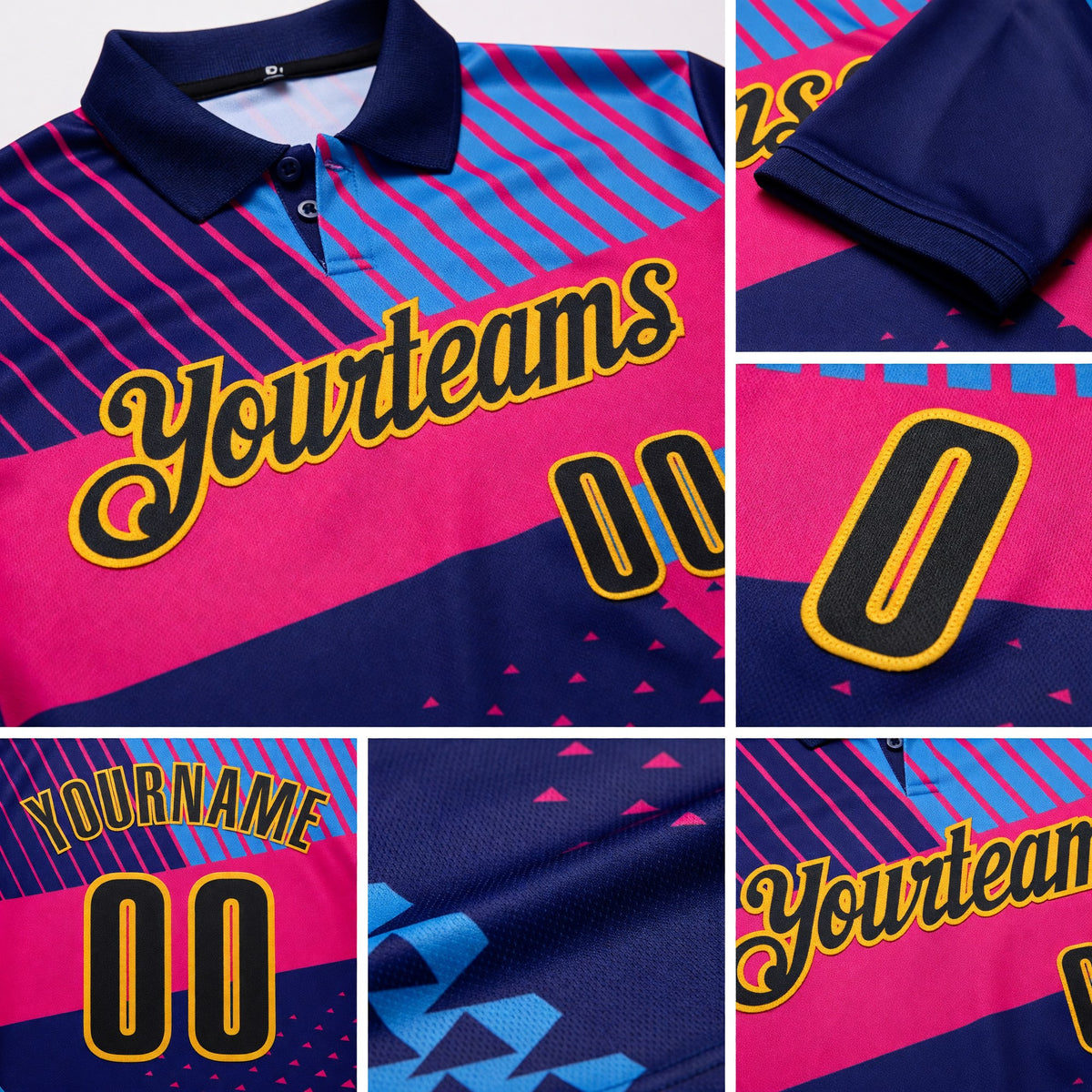 Custom Dark Purple Black Hot Pink Blue-Gold Esports Performance Polo Shirt detail