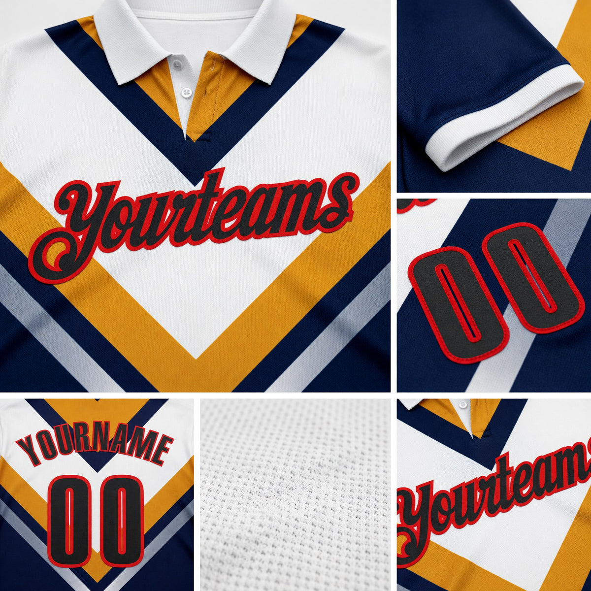 Custom White Black Yellow Navy-Fire Red Esports Performance Polo Shirt detail