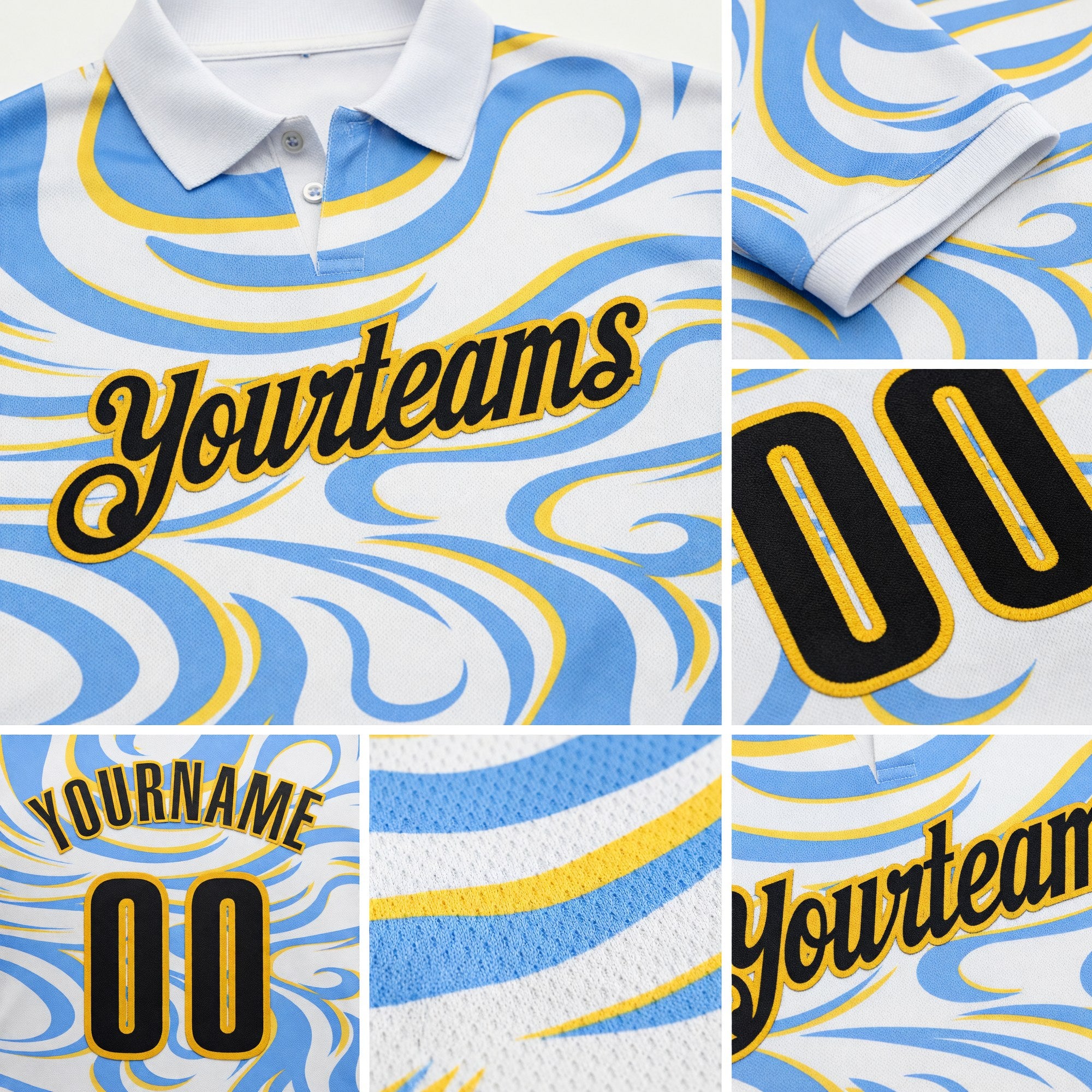 Custom White Black Blue-Gold Esports Performance Polo Shirt detail