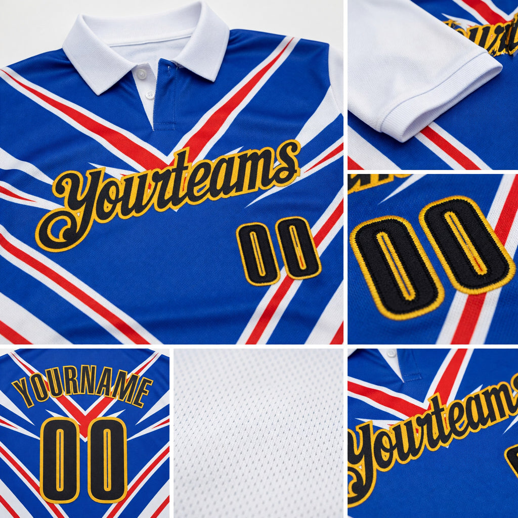 Custom White Black Red Thunder Blue-Gold Esports Performance Polo Shirt detail