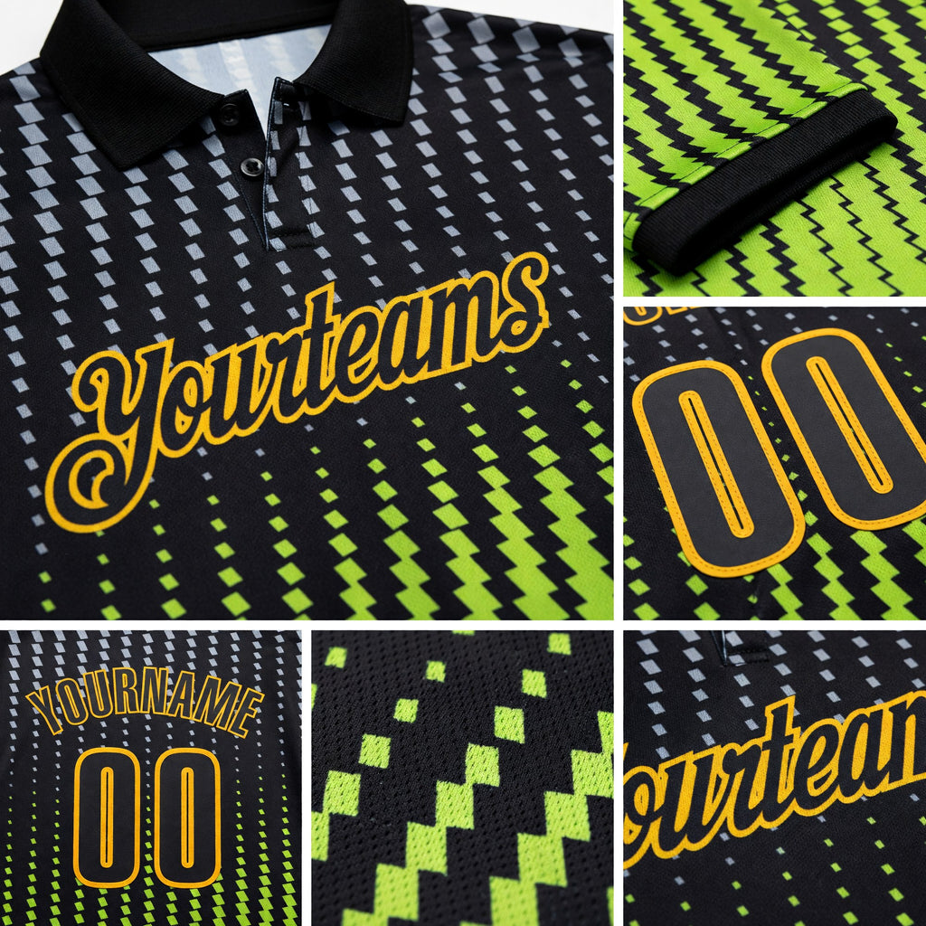 Custom Black Gray Neon Green-Gold Esports Performance Polo Shirt detail