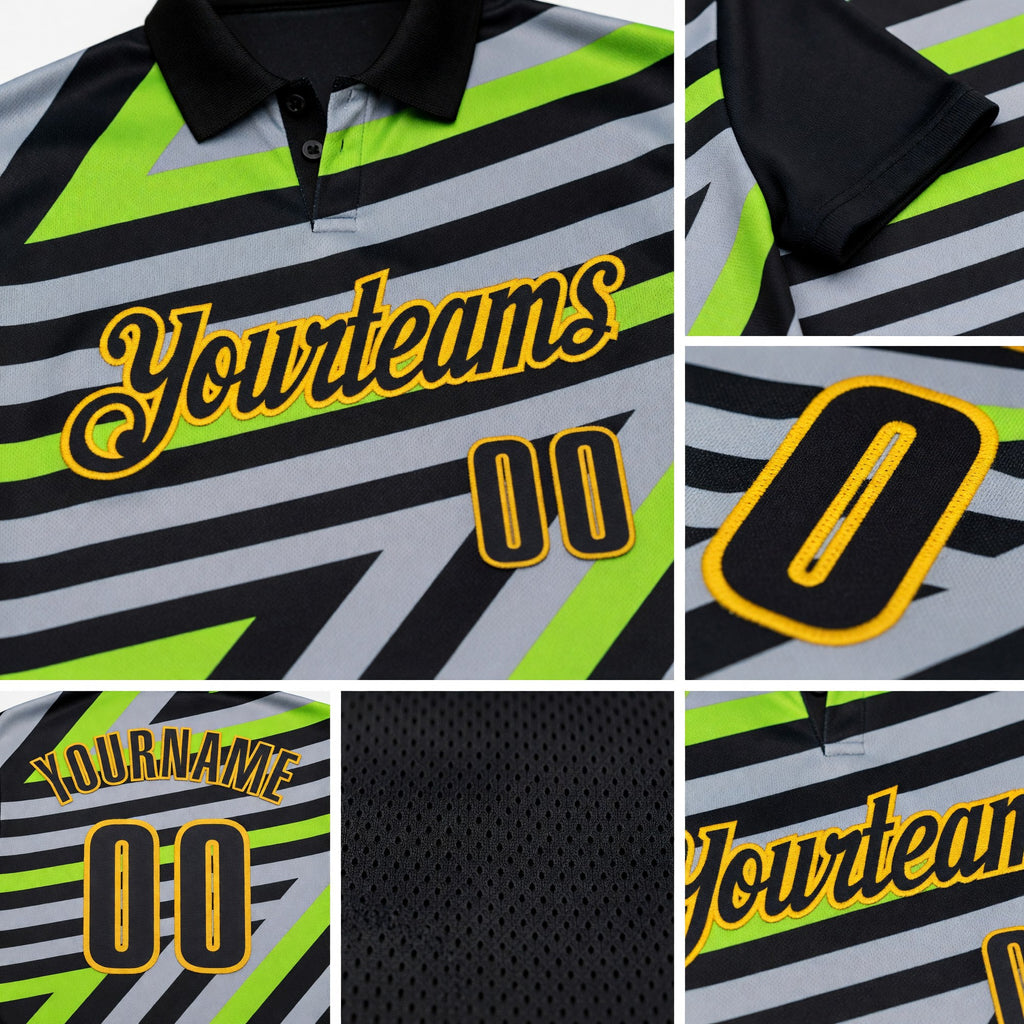Custom Black Gray Neon Green-Gold Esports Performance Polo Shirt detail