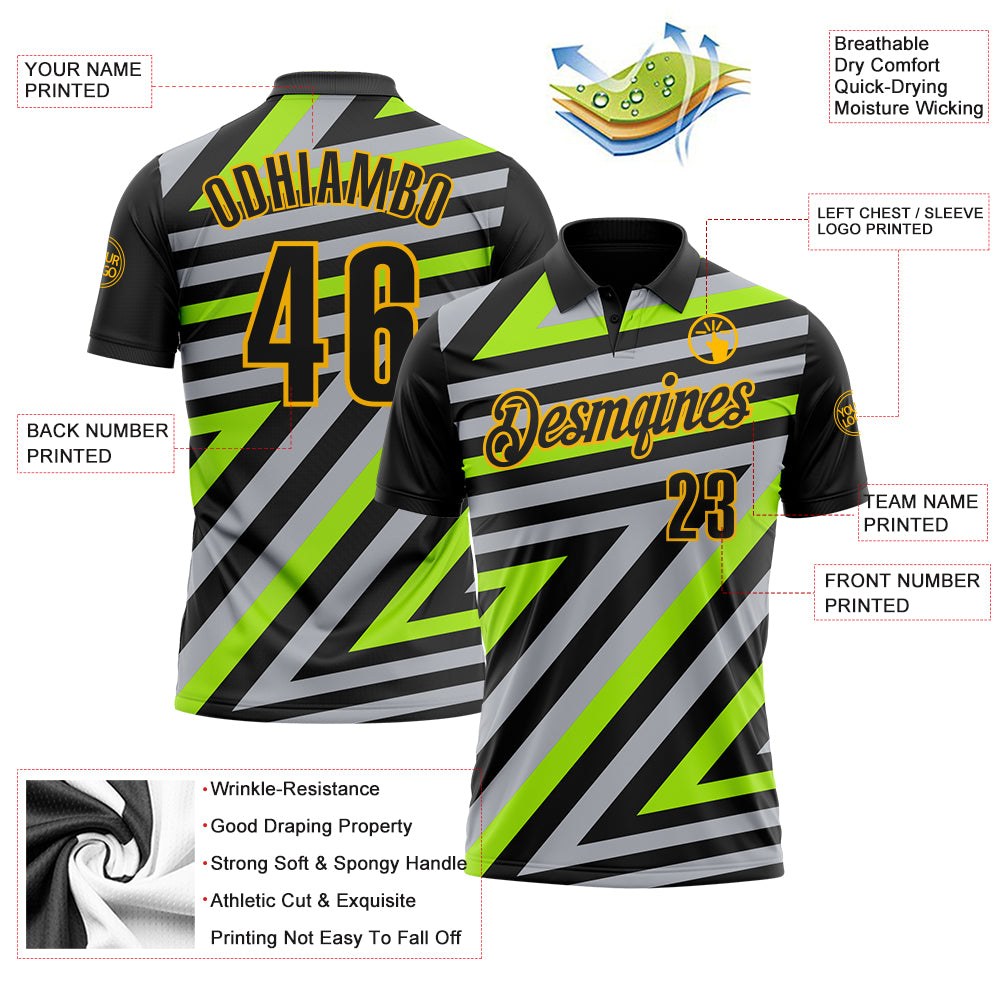 Custom Black Gray Neon Green-Gold Esports Performance Polo Shirt photo 3