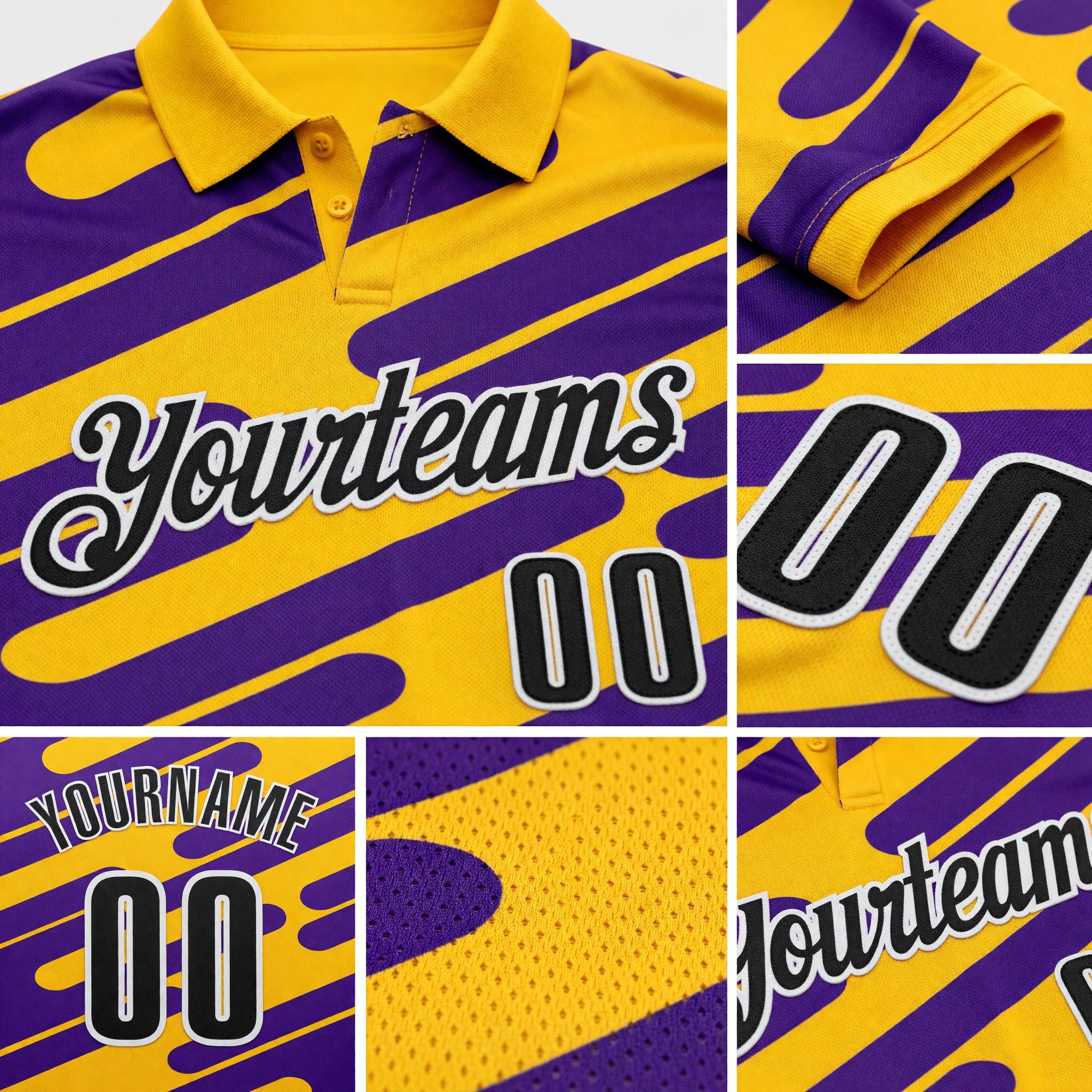 Custom Yellow Black Purple-White Esports Performance Polo Shirt detail