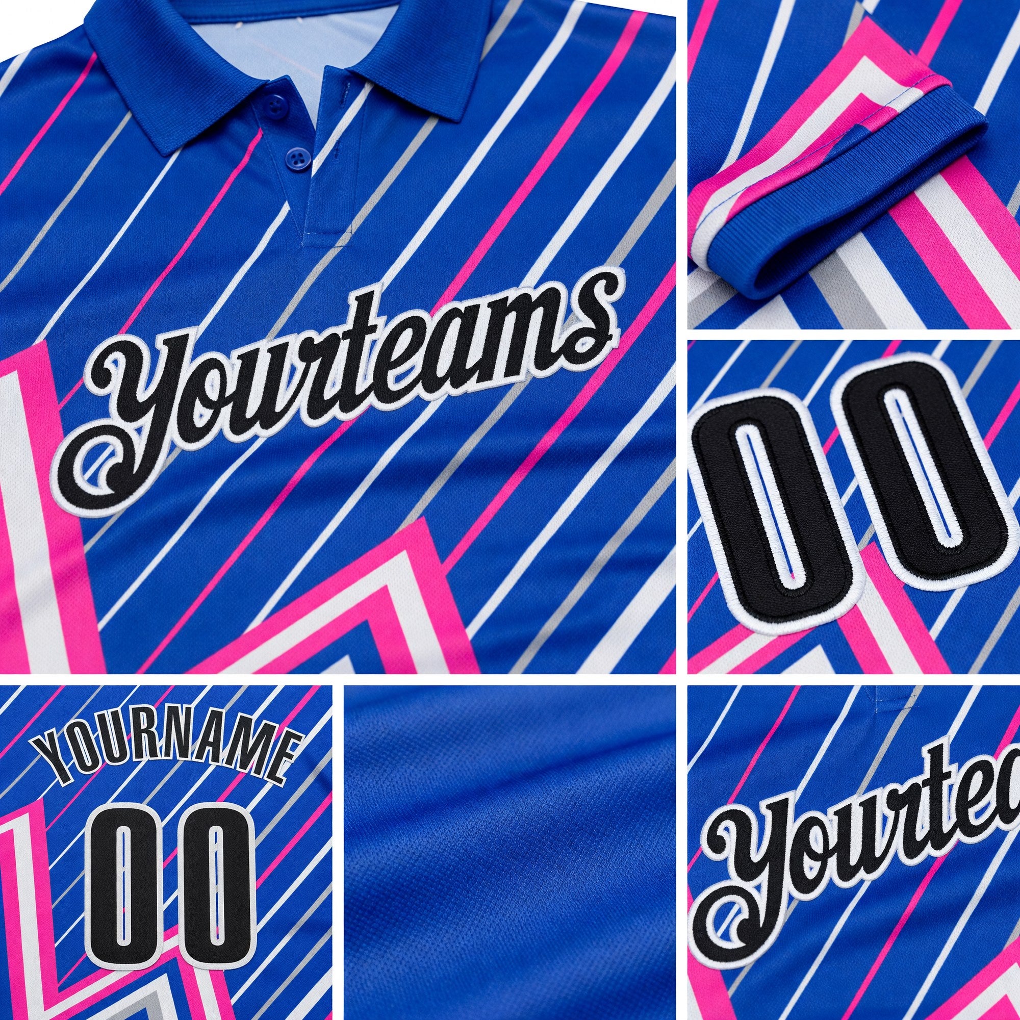 Custom Thunder Blue Black Gray Pink-White Esports Performance Polo Shirt detail