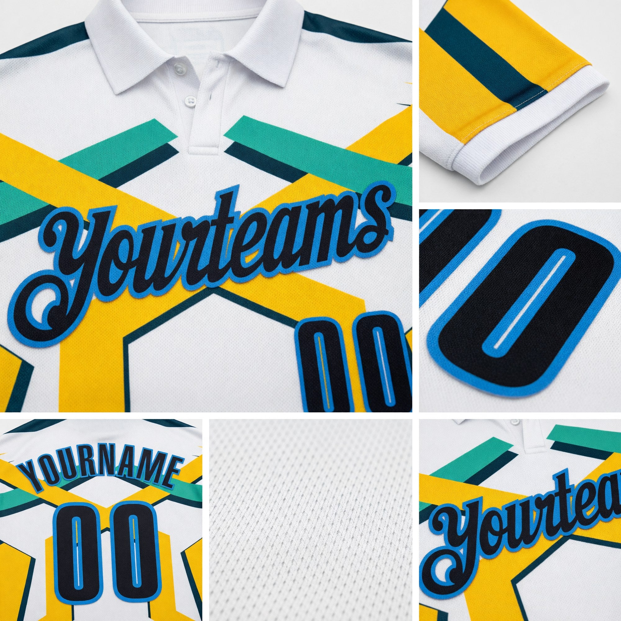 Custom White Black Yellow Green-Powder Blue Esports Performance Polo Shirt detail