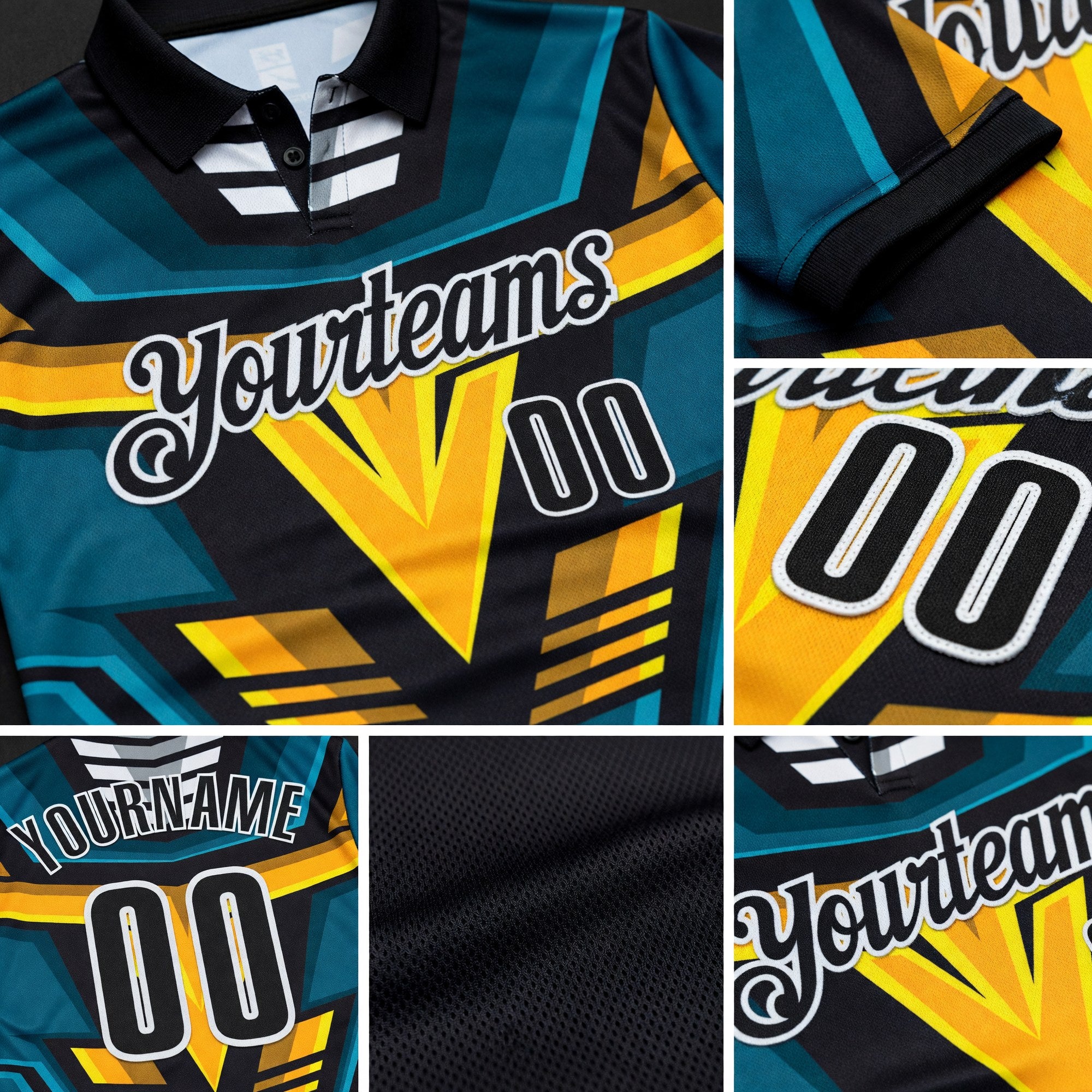 Custom Black Blue Yellow-White Esports Performance Polo Shirt detail
