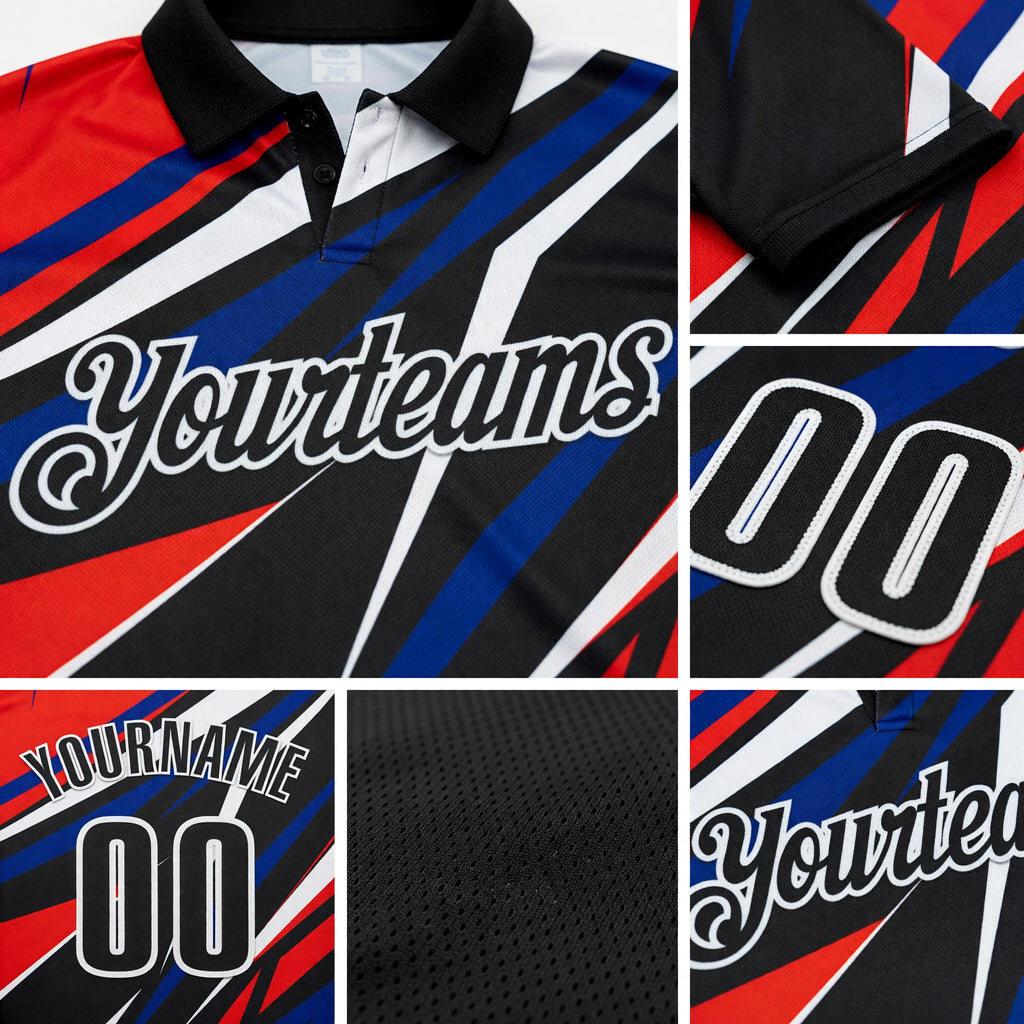 Custom Black Red Royal-White Esports Performance Polo Shirt detail