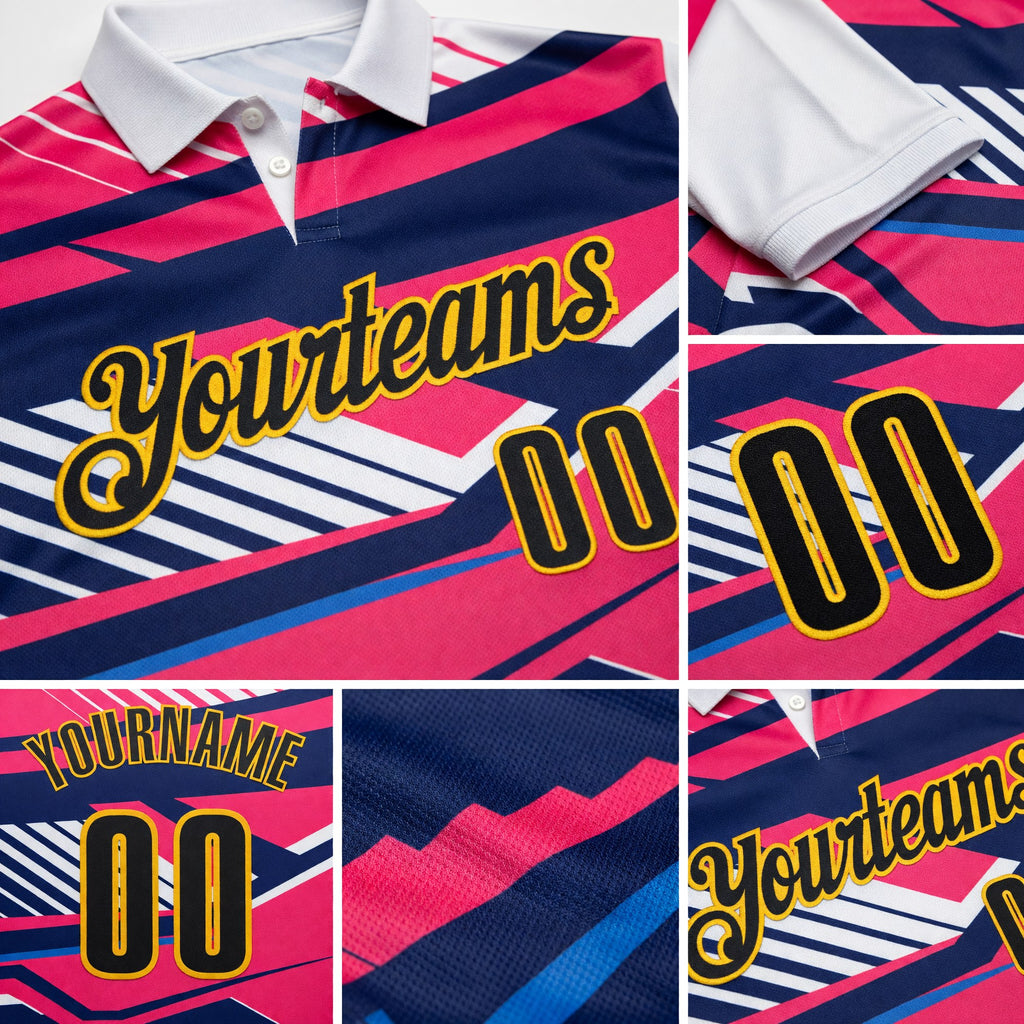 Custom White Black Neon Pink Blue-Gold Esports Performance Polo Shirt detail