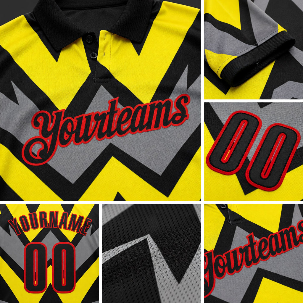 Custom Black Light Yellow Gray-Fire Red Esports Performance Polo Shirt detail