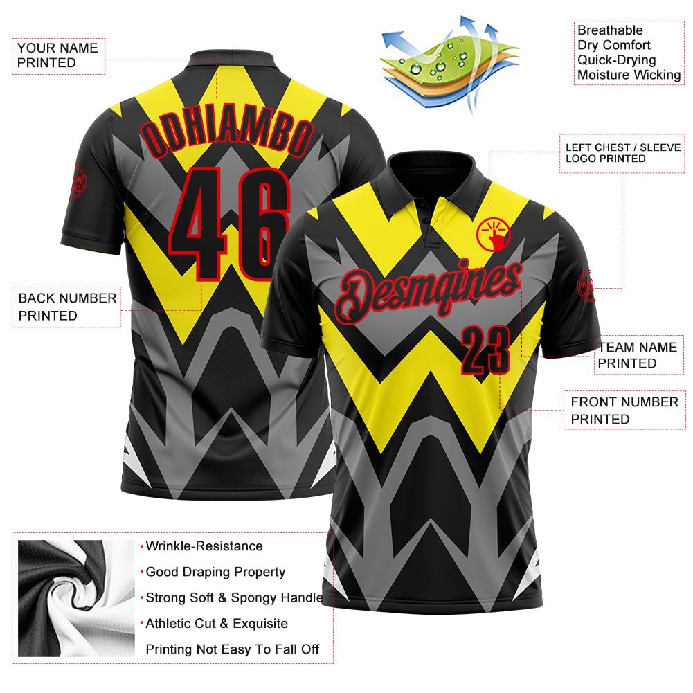 Custom Black Light Yellow Gray-Fire Red Esports Performance Polo Shirt photo 3