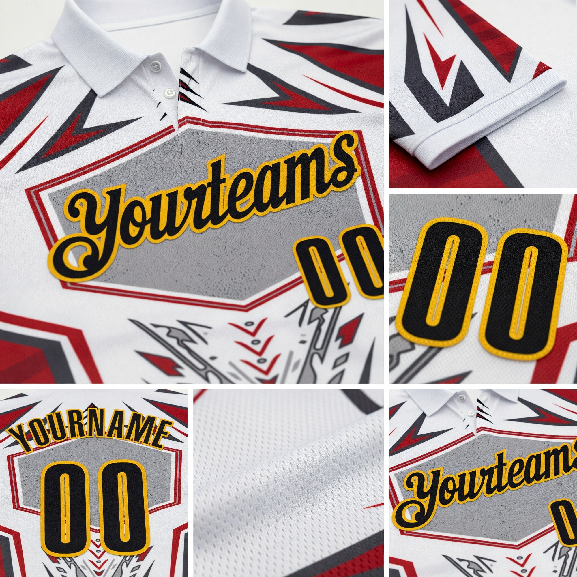 Custom White Black Red Gray-Gold Esports Performance Polo Shirt detail
