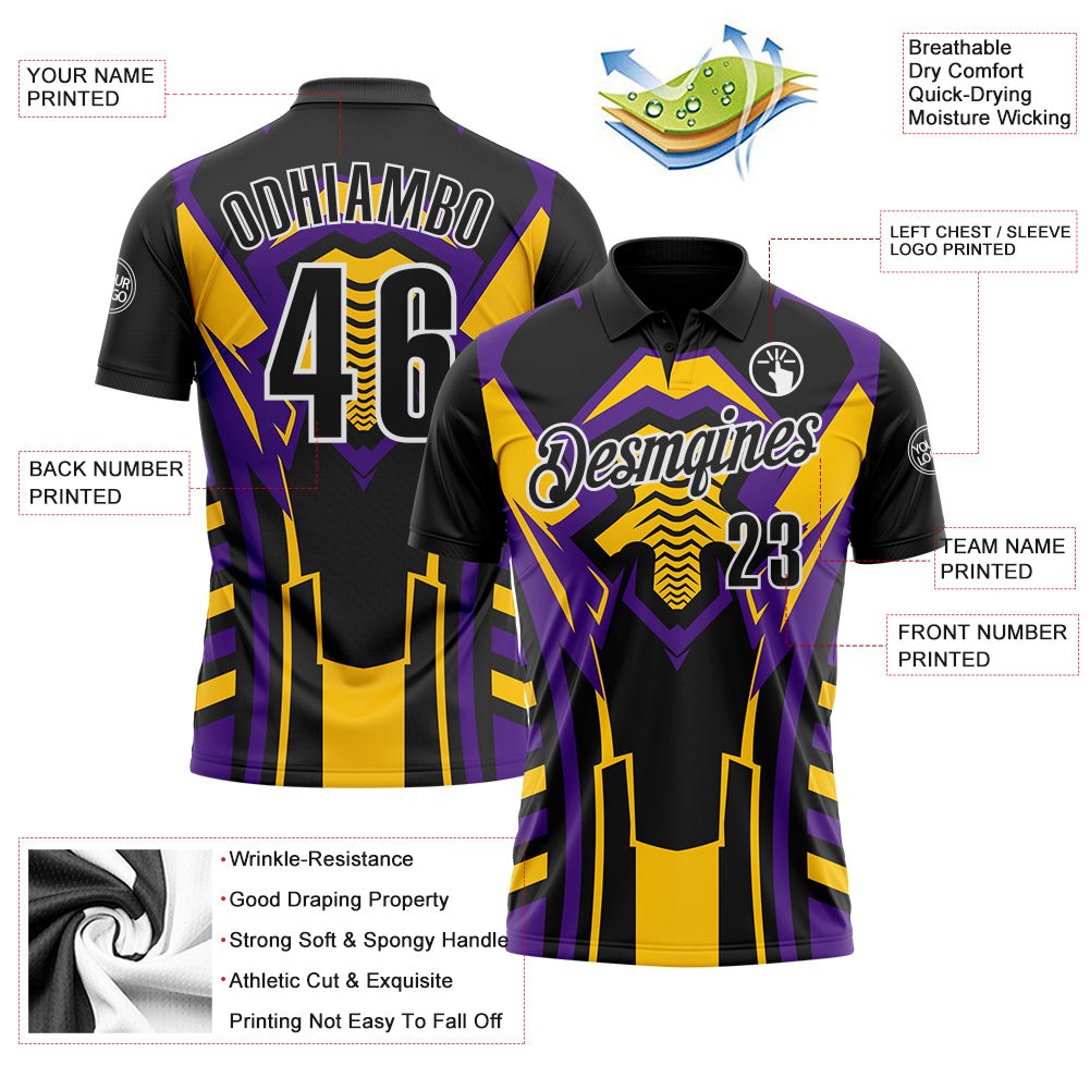 Custom Black Yellow Purple-White Esports Performance Polo Shirt photo 3