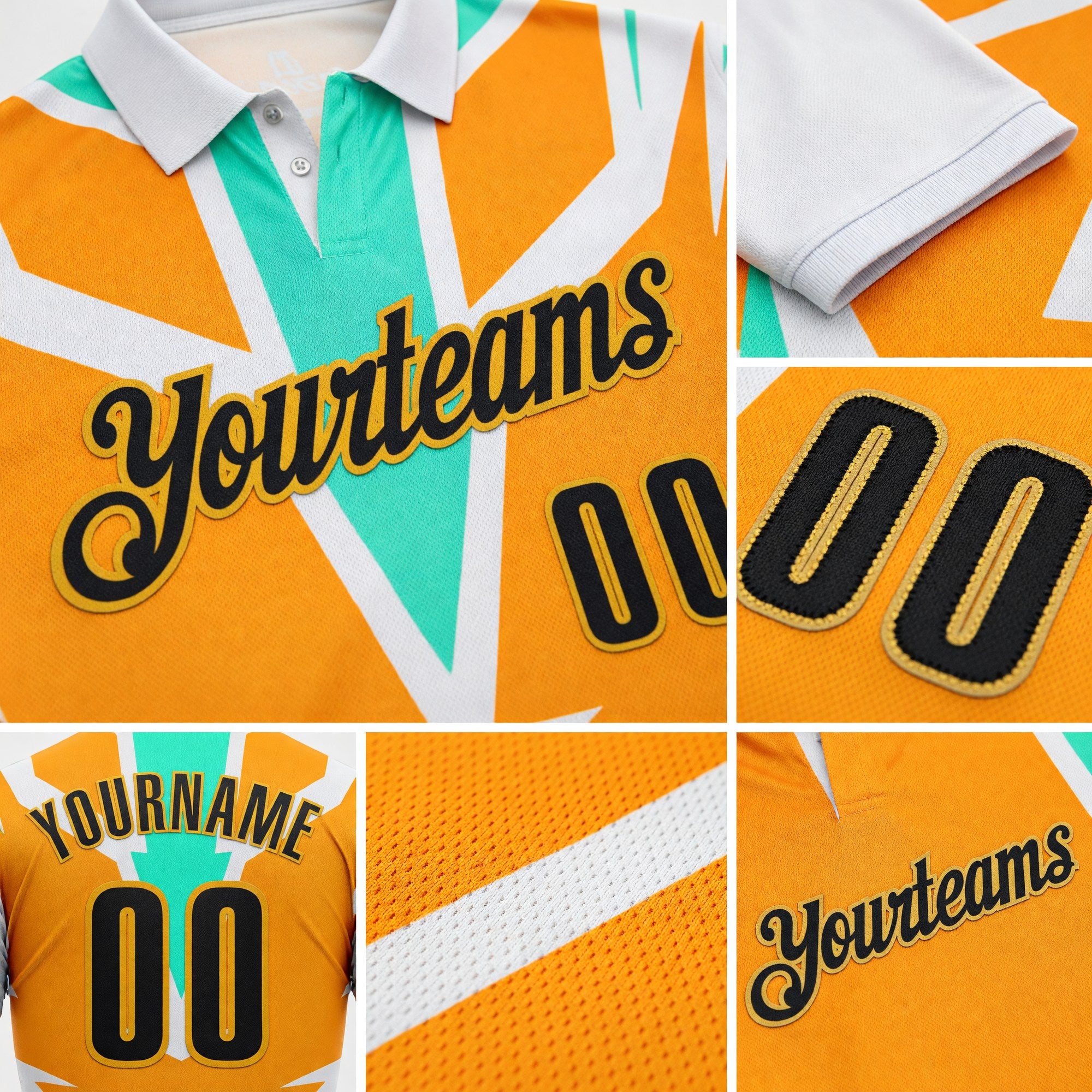 Custom White Black Orange Pea Green-Gold Esports Performance Polo Shirt detail