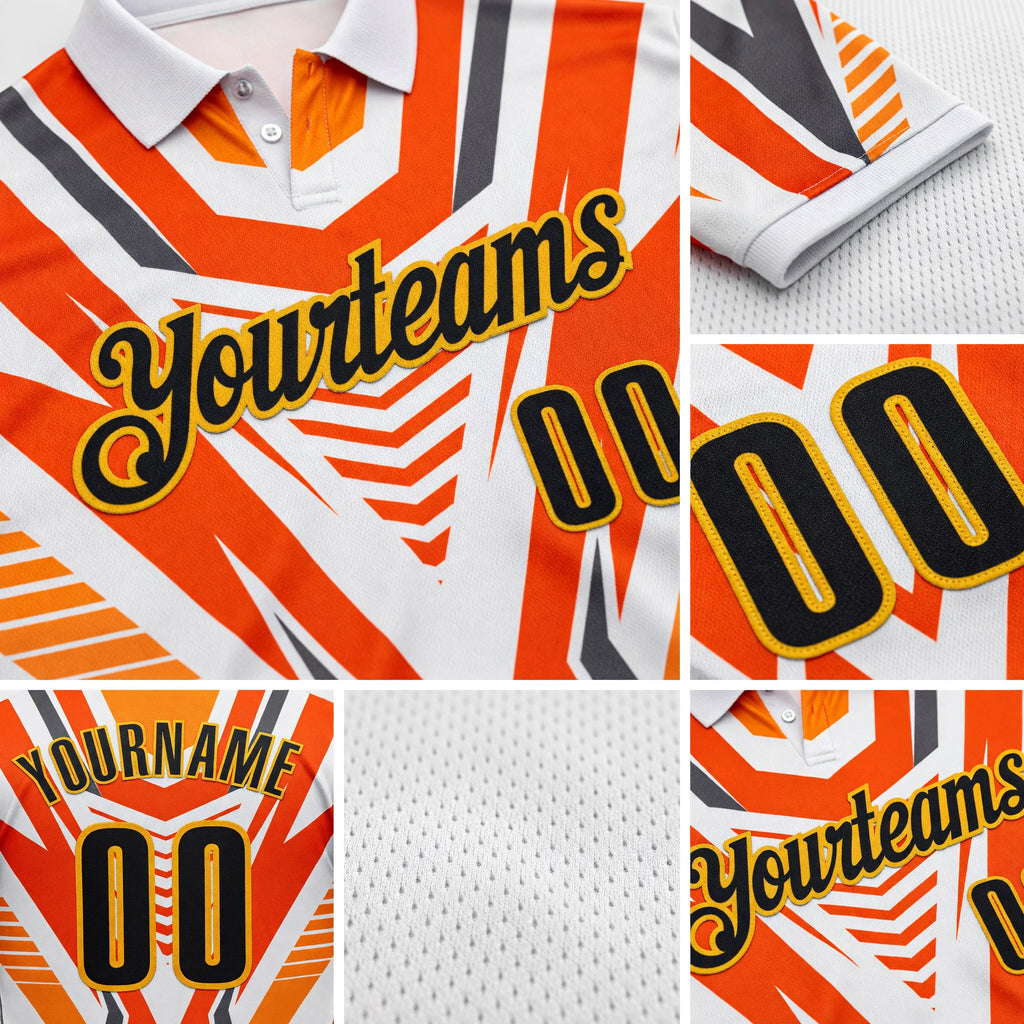 Custom White Black Orange-Gold Esports Performance Polo Shirt detail