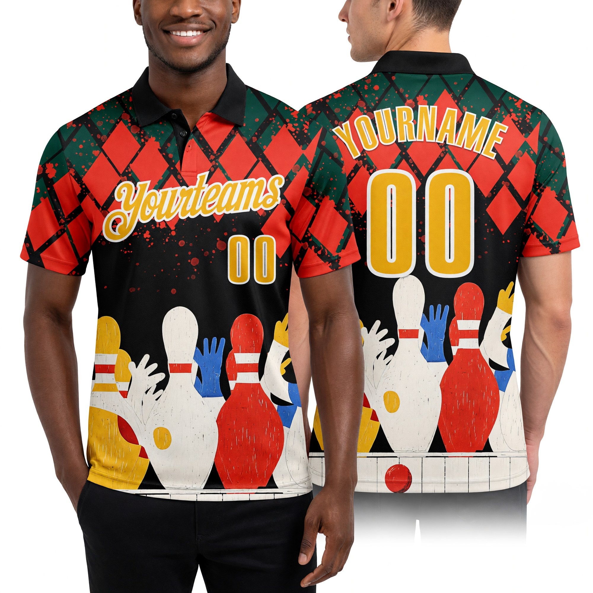 Custom Black Gold Orange Green-White Bowling Ball And Pins Diamond Performance Polo Shirt worn front and back