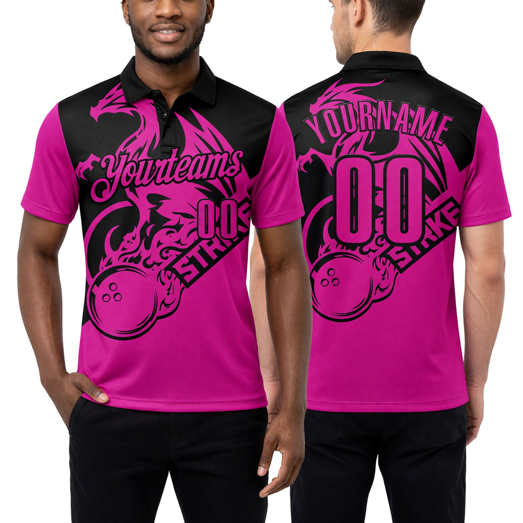 Custom Deep Pink-Black Bowling Strike Flame Dragon Performance Polo Shirt worn front and back