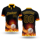 Custom Black-Gold Flame Baseball Fireball 3D Pattern Performance Polo Shirt