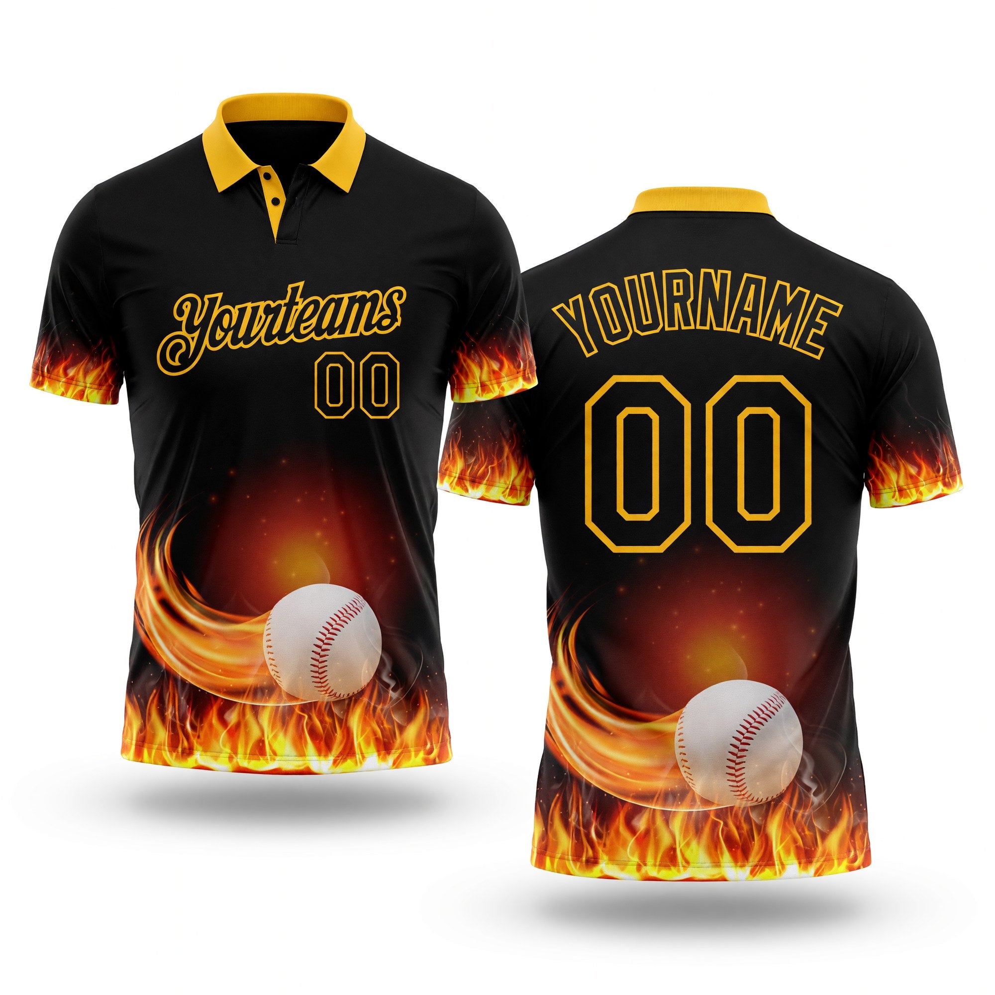 Custom Black-Gold Flame Baseball Fireball 3D Pattern Performance Polo Shirt
