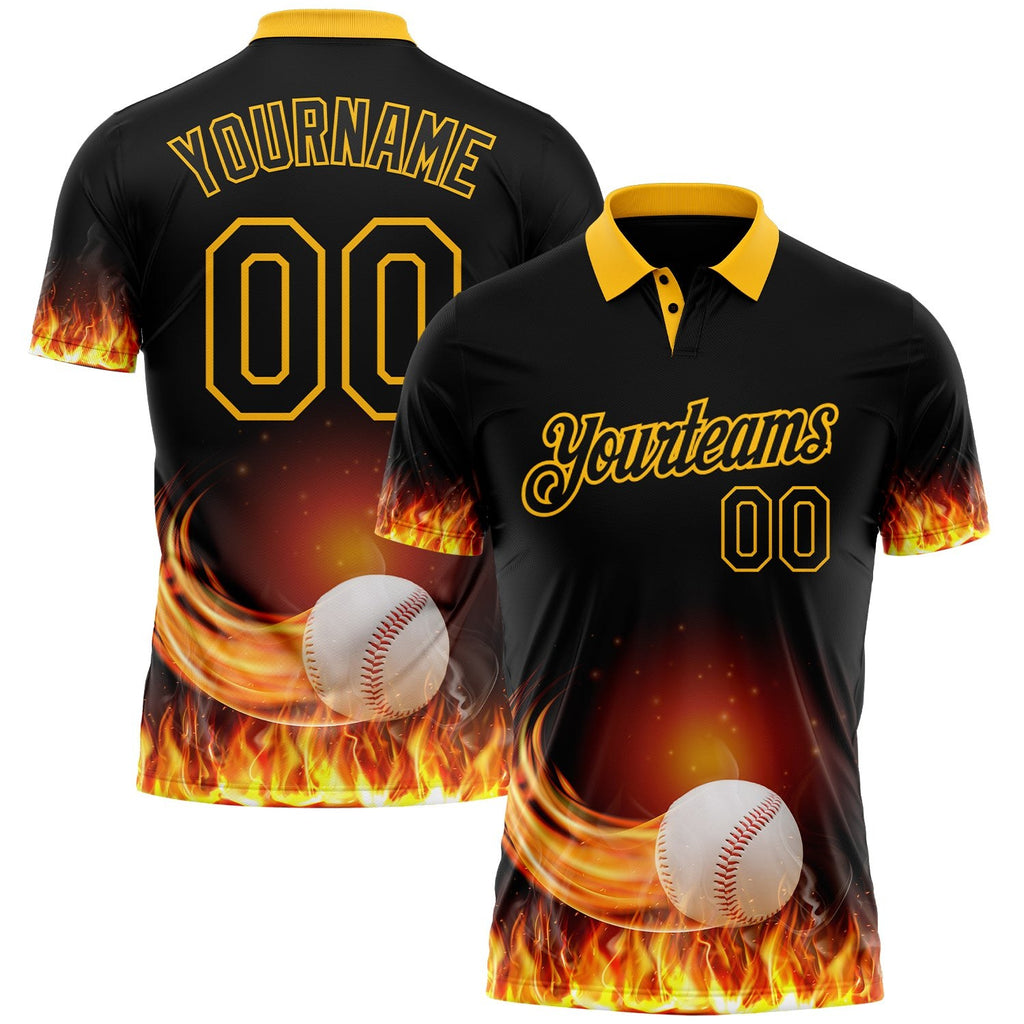 Custom Black-Gold Flame Baseball Fireball 3D Pattern Performance Polo Shirt photo 1