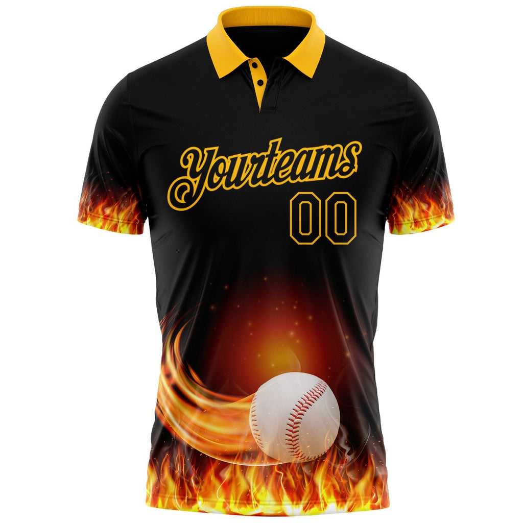 Custom Black-Gold Flame Baseball Fireball 3D Pattern Performance Polo Shirt photo 2