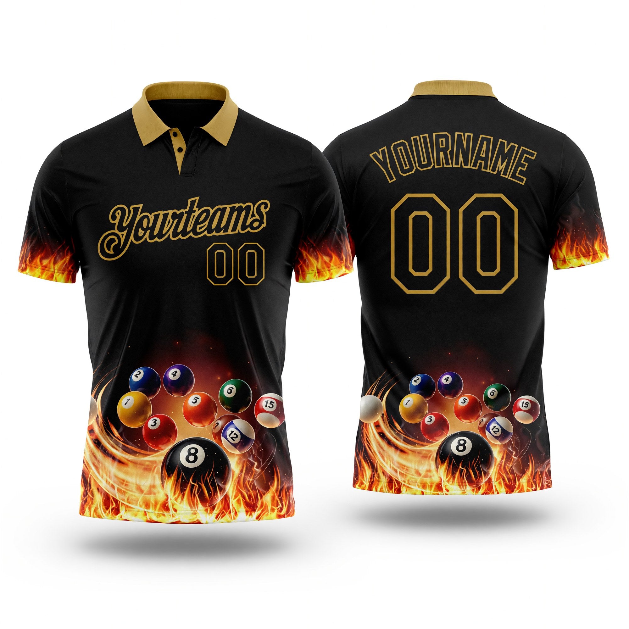 Custom Black-Old Gold Flame Billiards Snooker Balls Pool Performance Polo Shirt