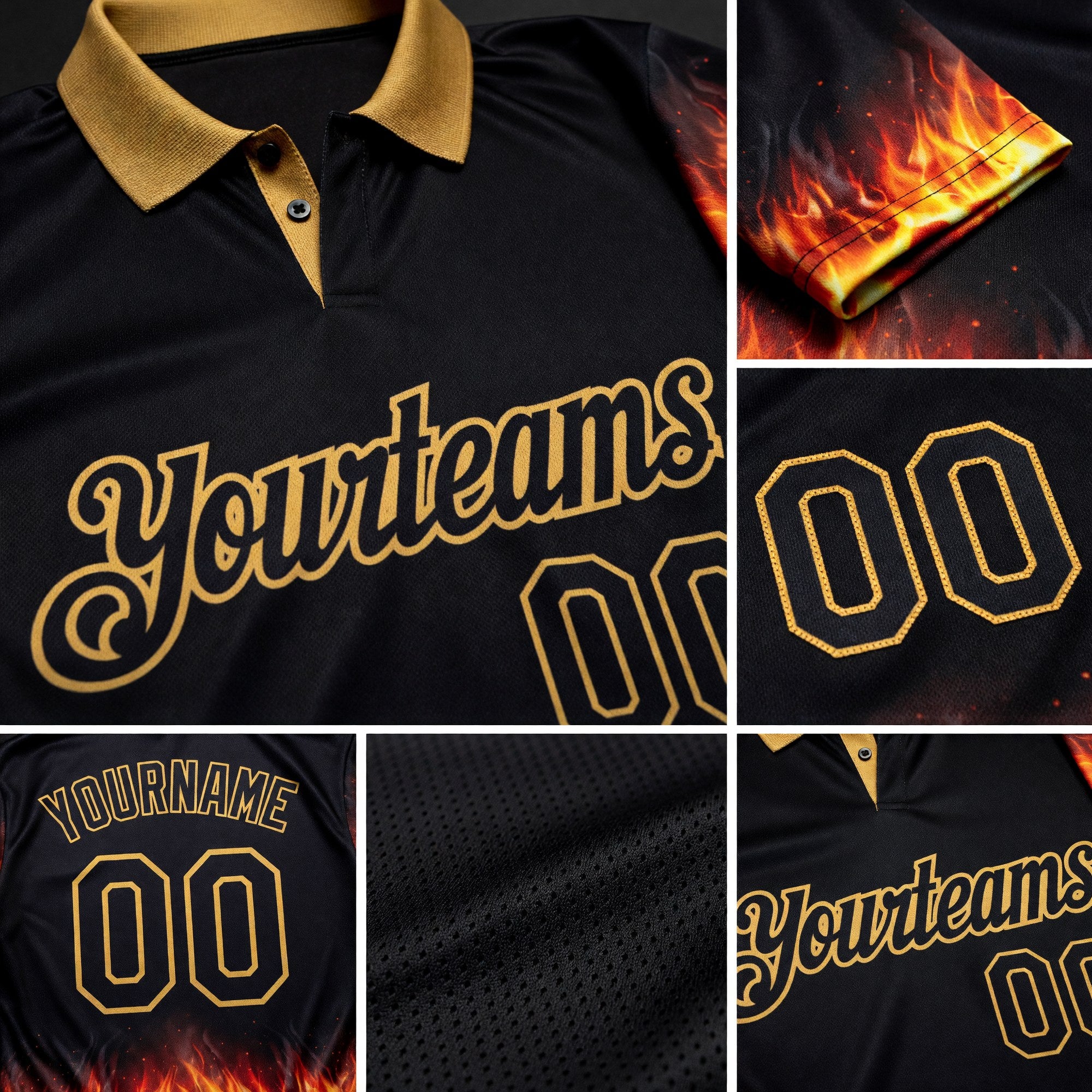 Custom Black-Old Gold Flame Billiards Snooker Balls Pool Performance Polo Shirt detail