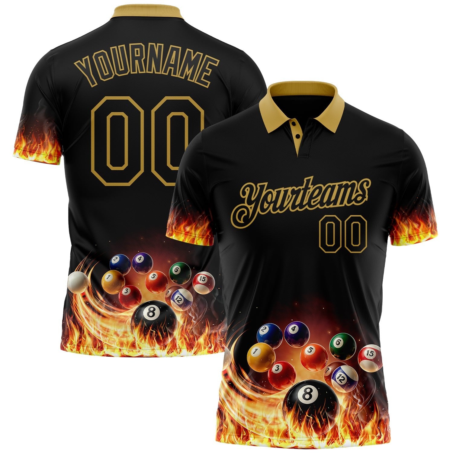 Custom Black-Old Gold Flame Billiards Snooker Balls Pool Performance Polo Shirt photo 1