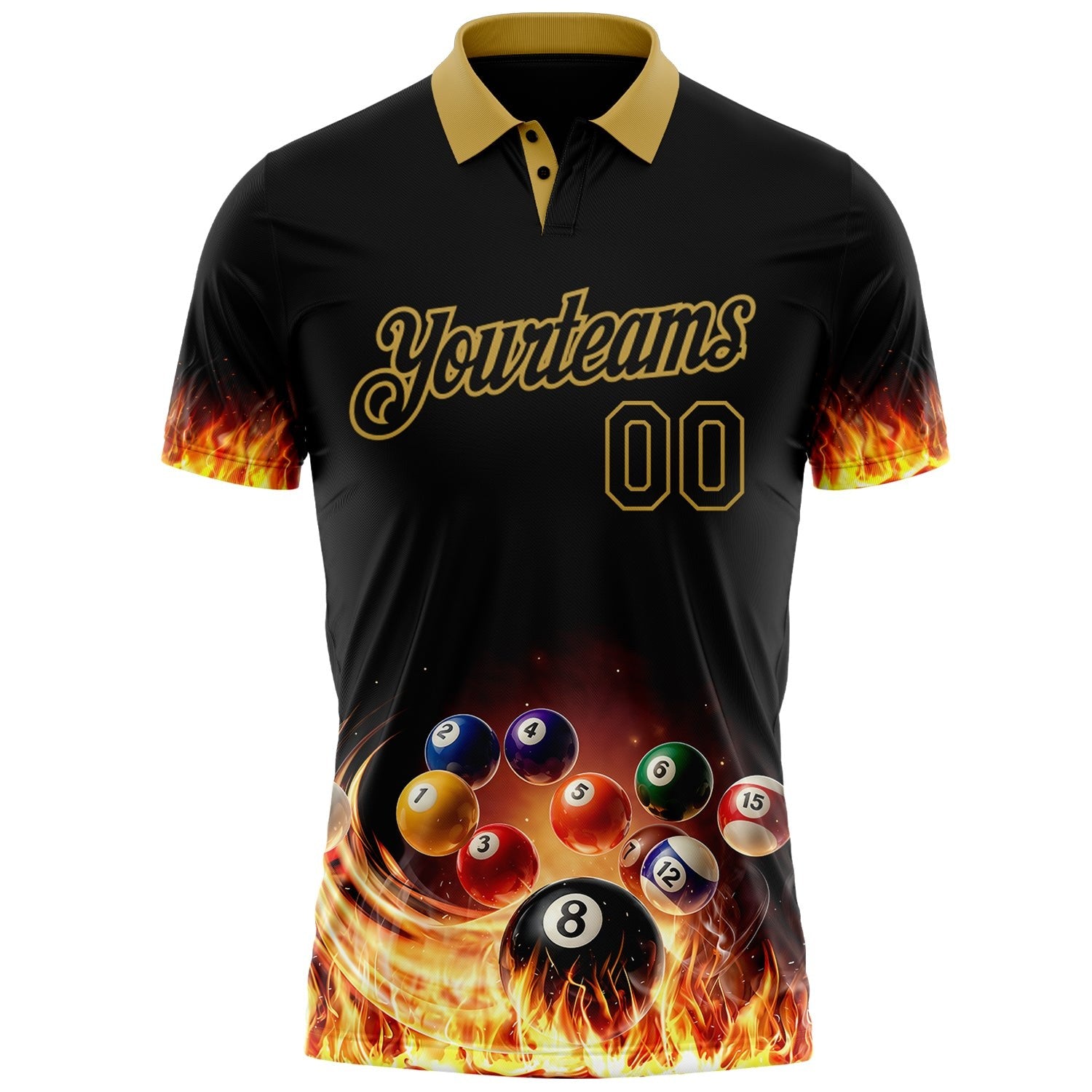 Custom Black-Old Gold Flame Billiards Snooker Balls Pool Performance Polo Shirt photo 2